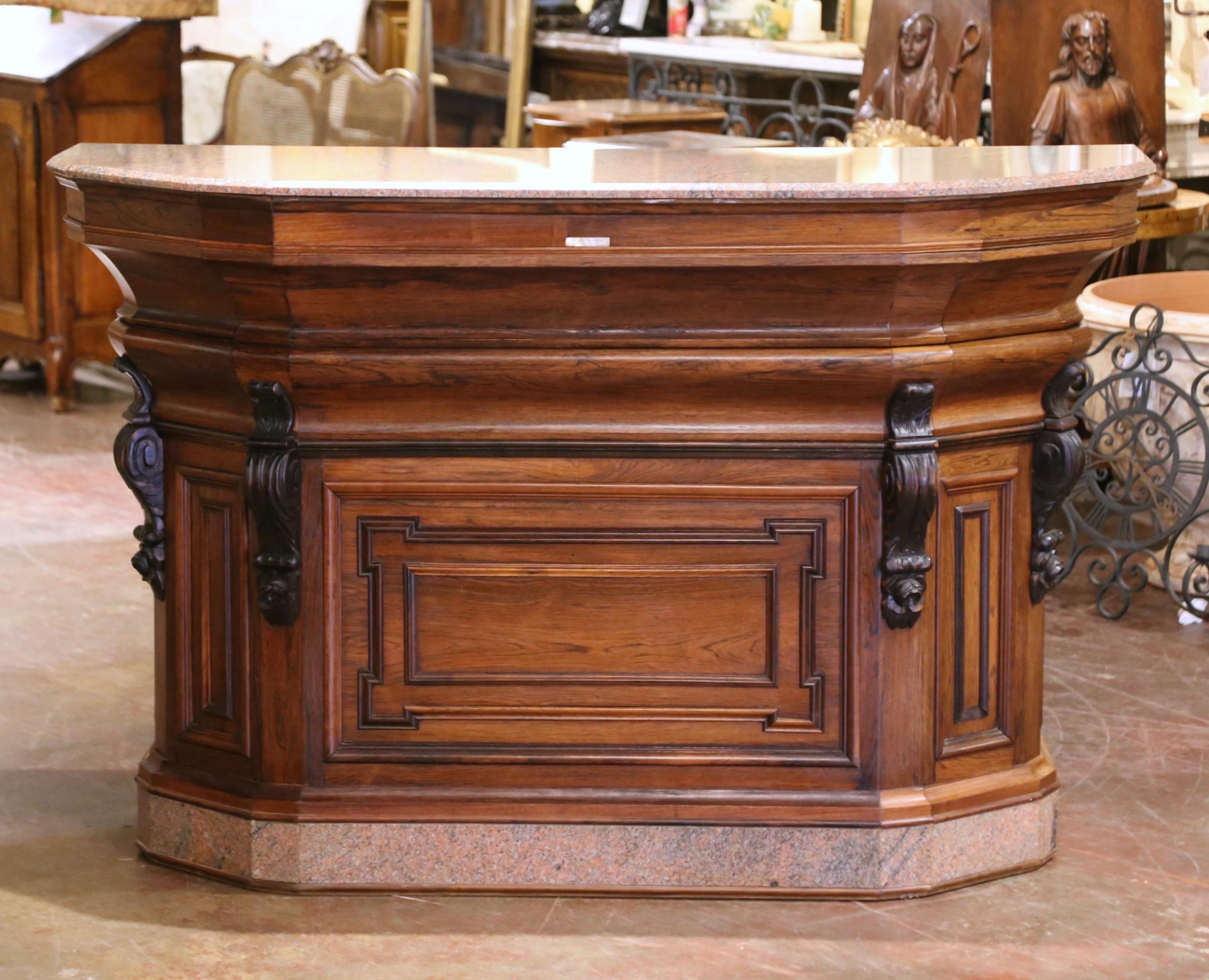 Mid-19th Century French Neoclassical Carved Oak Bar Counter with Granite Top For Sale 2