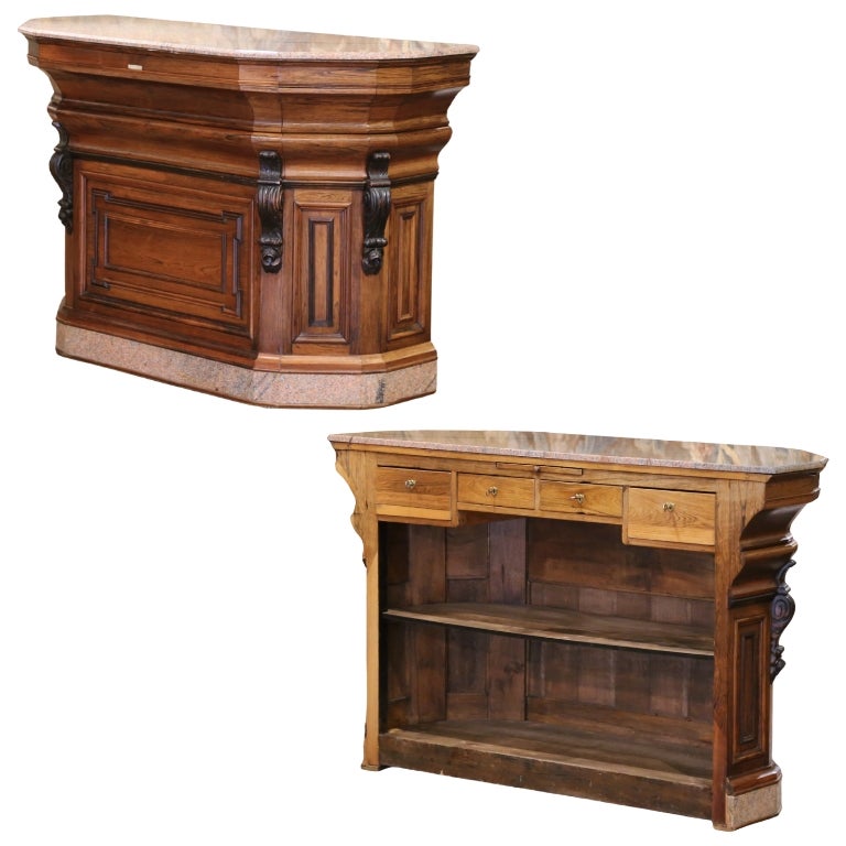 Mid-19th Century French Neoclassical Carved Oak Bar Counter with Granite Top For Sale