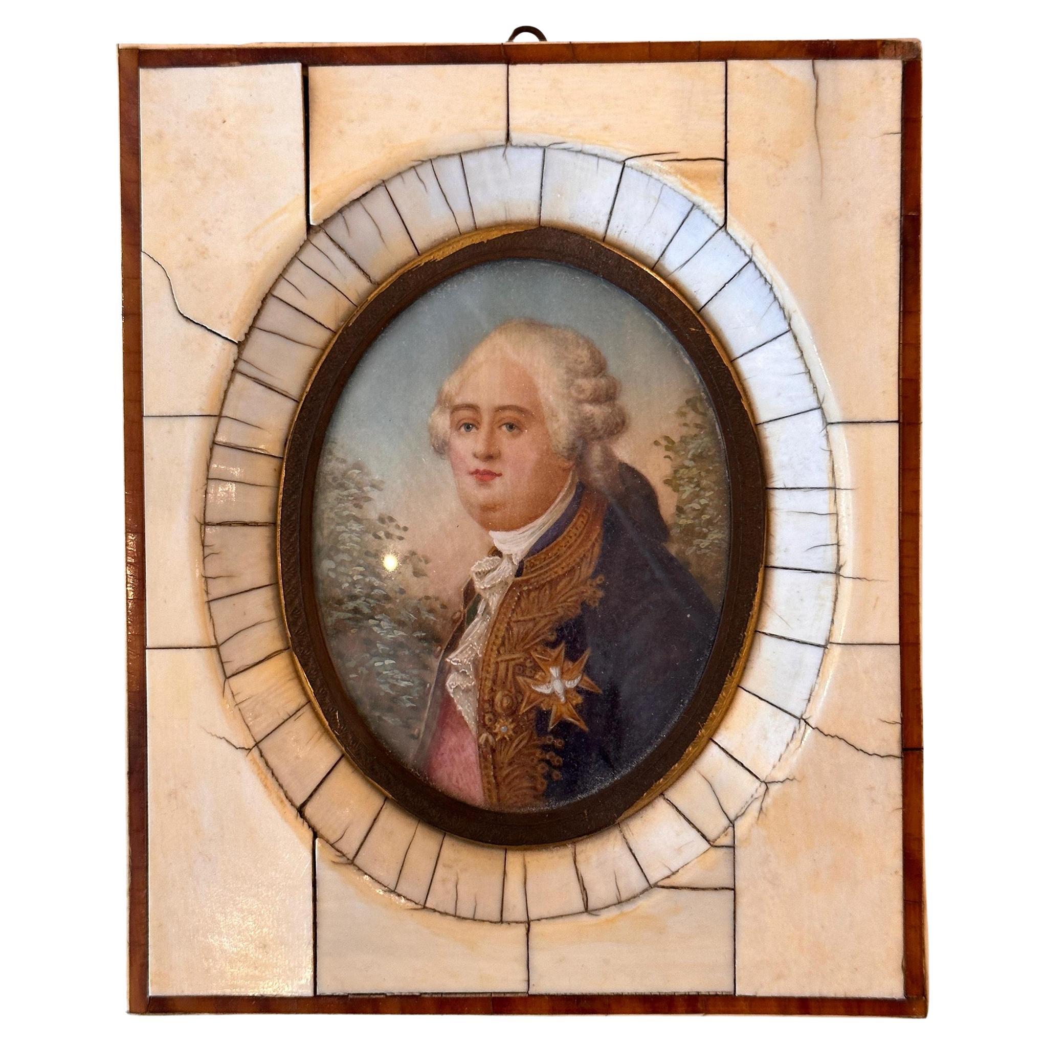 Peinture de portrait miniature d'un noble français du milieu du 19e siècle