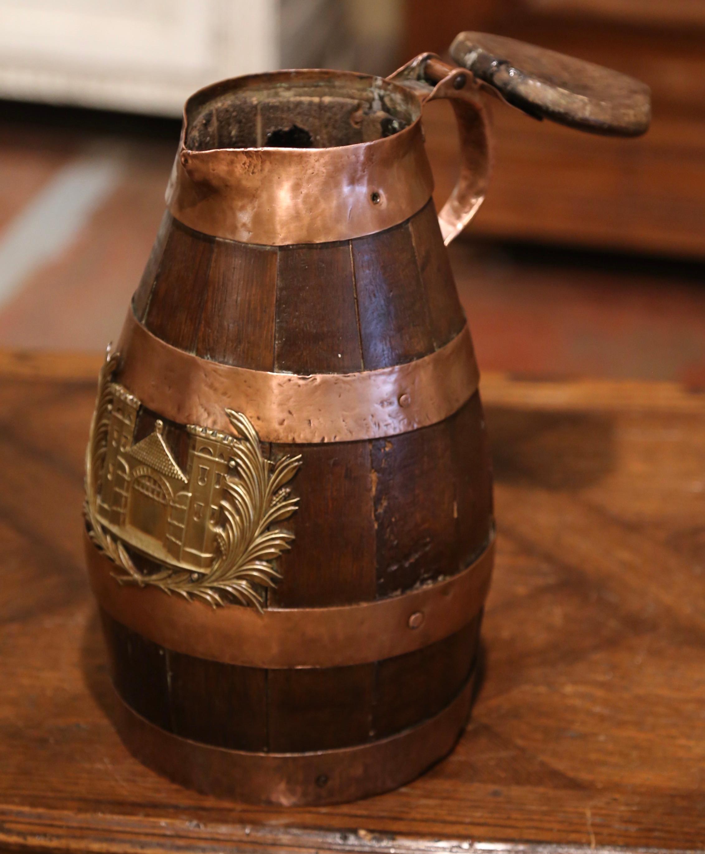 Country Mid-19th Century French Oak and Brass Banded Cider Pitcher Jug from Normandy For Sale