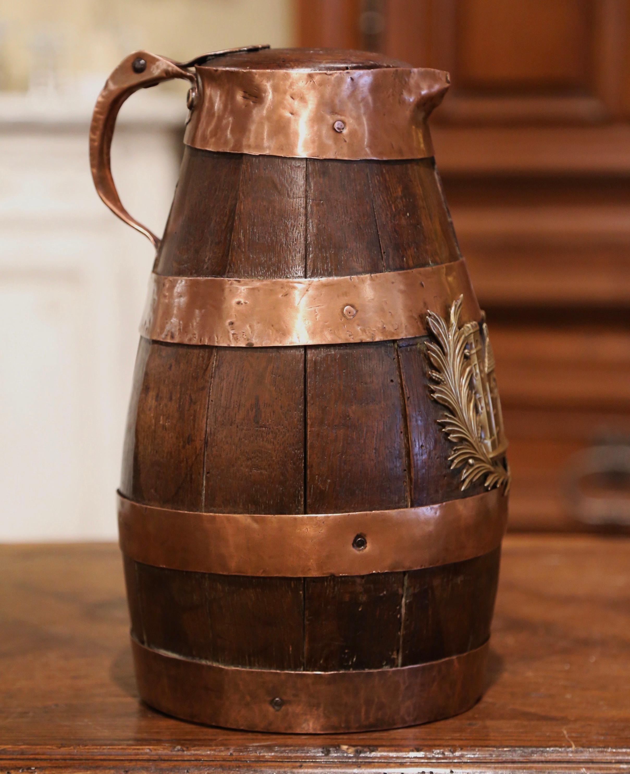 Hand-Carved Mid-19th Century French Oak and Brass Banded Cider Pitcher Jug from Normandy For Sale