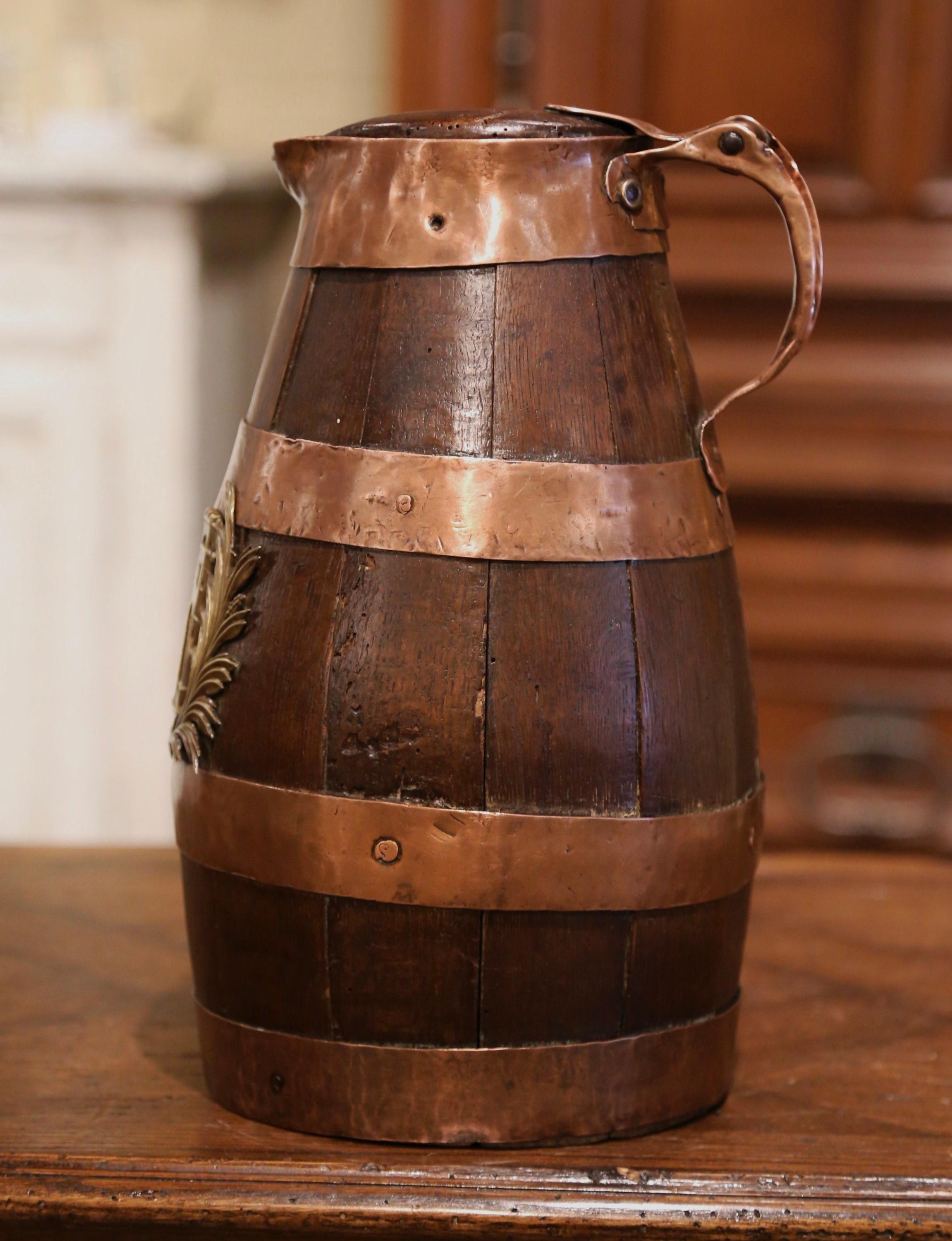 Mid-19th Century French Oak and Brass Banded Cider Pitcher Jug from Normandy For Sale 3