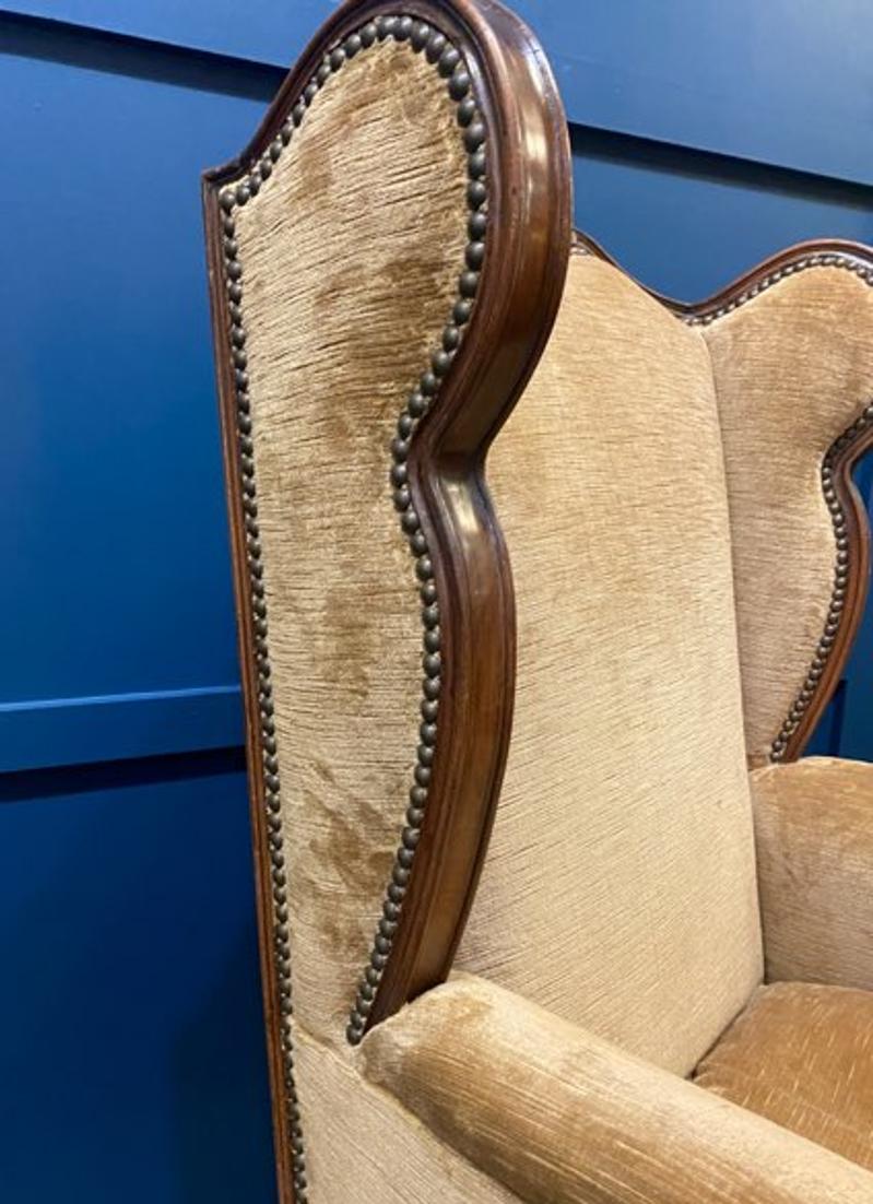 Mid-19th Century French Oak Armchair with Tan Velvet and Tapestry Upholstery In Good Condition For Sale In Middleburg, VA