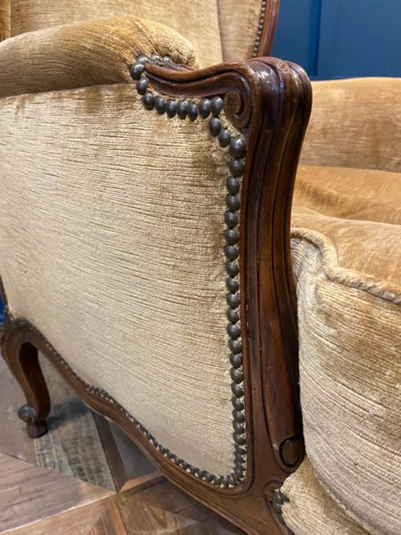 Mid-19th Century French Oak Armchair with Tan Velvet and Tapestry Upholstery For Sale 3