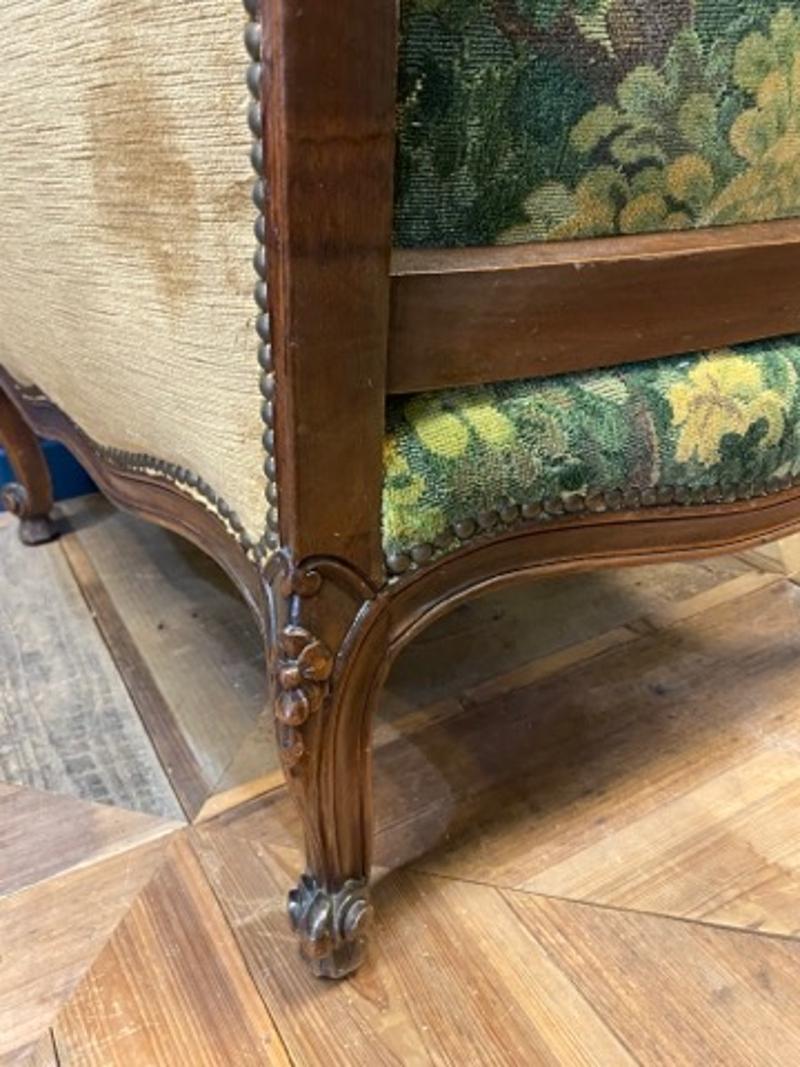 Mid-19th Century French Oak Armchair with Tan Velvet and Tapestry Upholstery For Sale 4