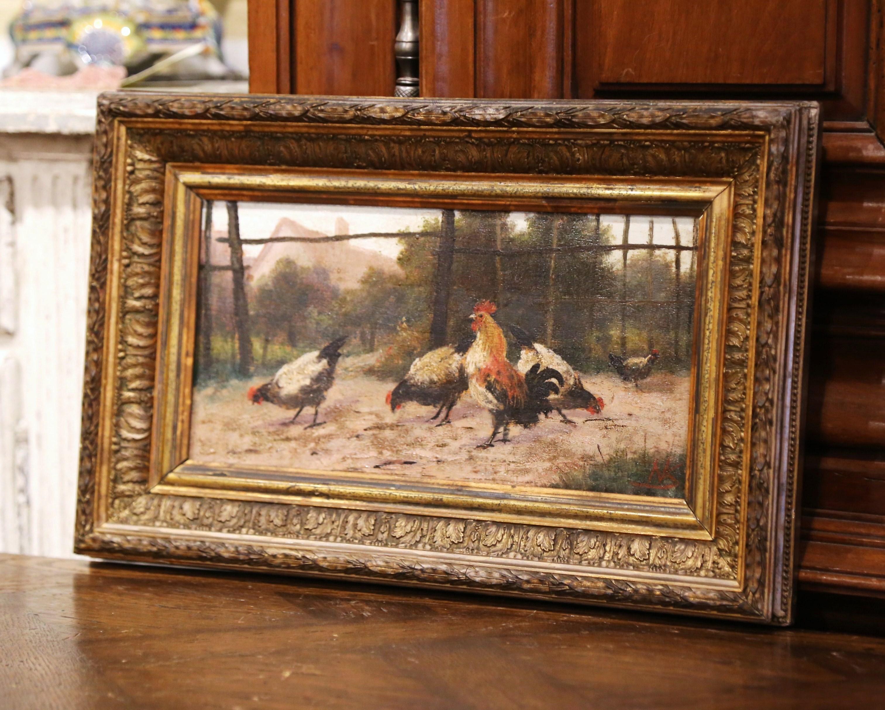Created in Normandy France, circa 1870, and set in the original carved gilt frame, the antique artwork composition painted on board depicts a typical 