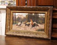 Mid-19th Century French Oil on Board Chicken Painting in Carved Gilt Frame