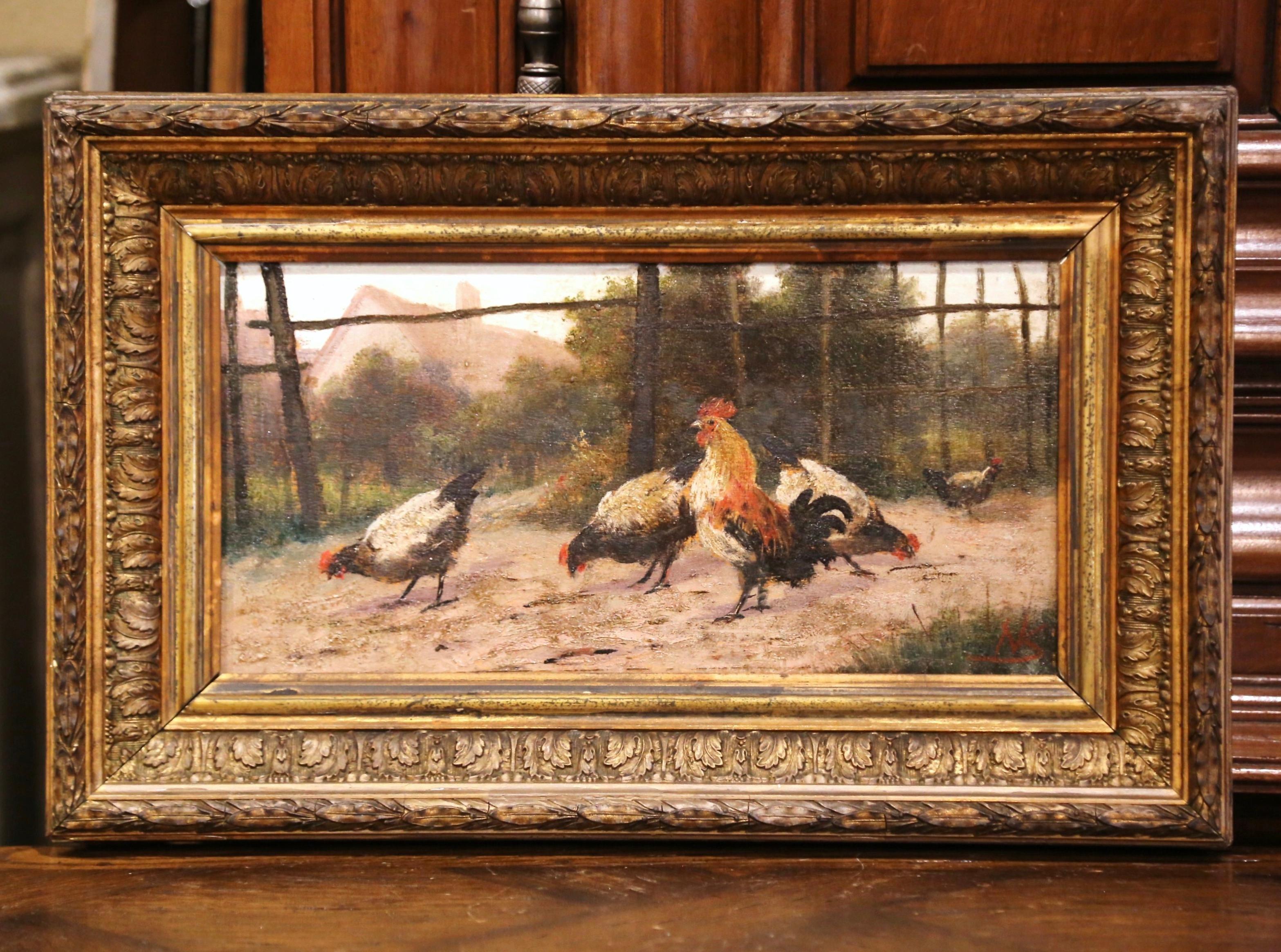 Mid-19th Century French Oil on Board Chicken Painting in Carved Gilt Frame In Excellent Condition In Dallas, TX