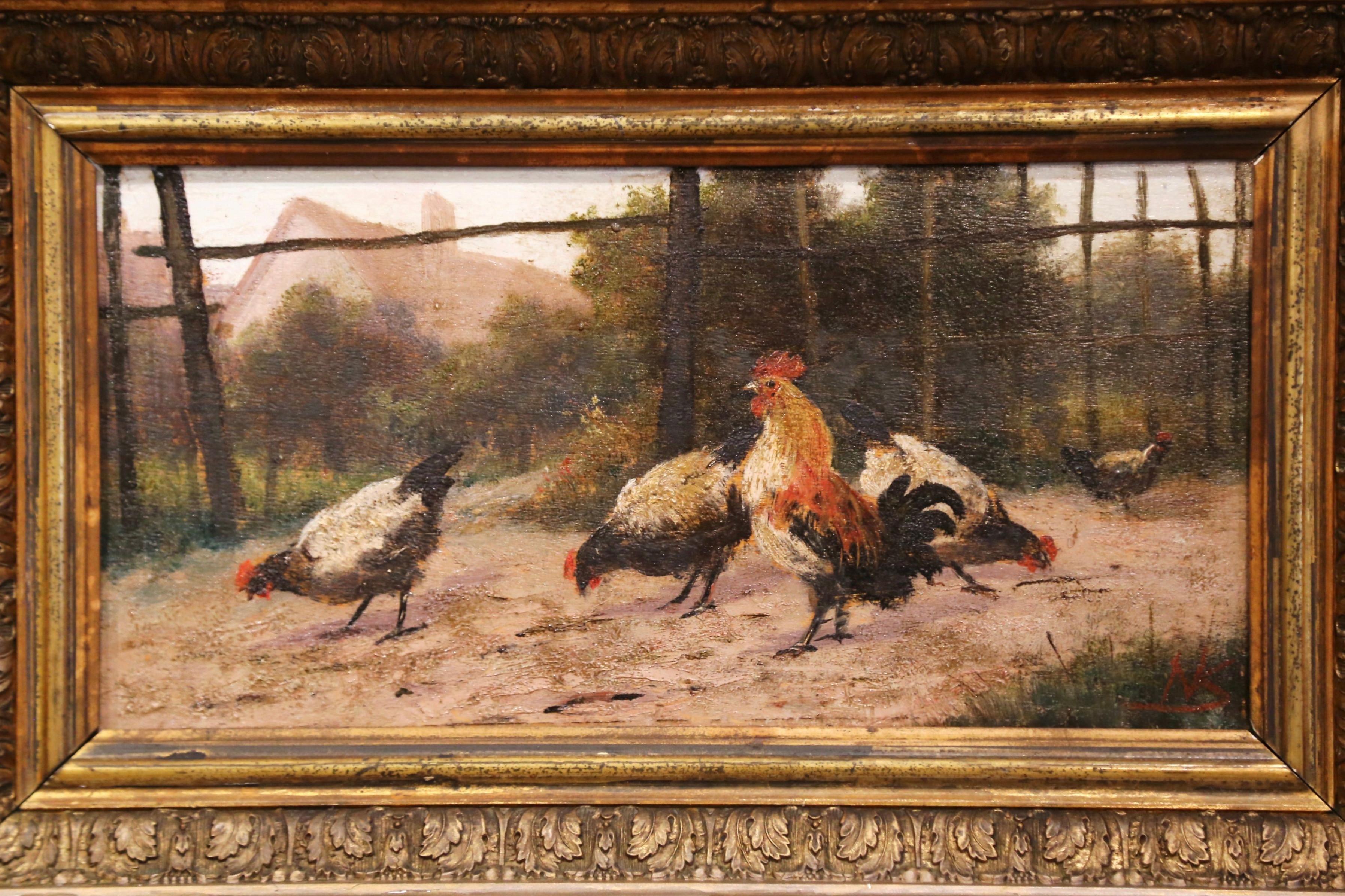 Giltwood Mid-19th Century French Oil on Board Chicken Painting in Carved Gilt Frame
