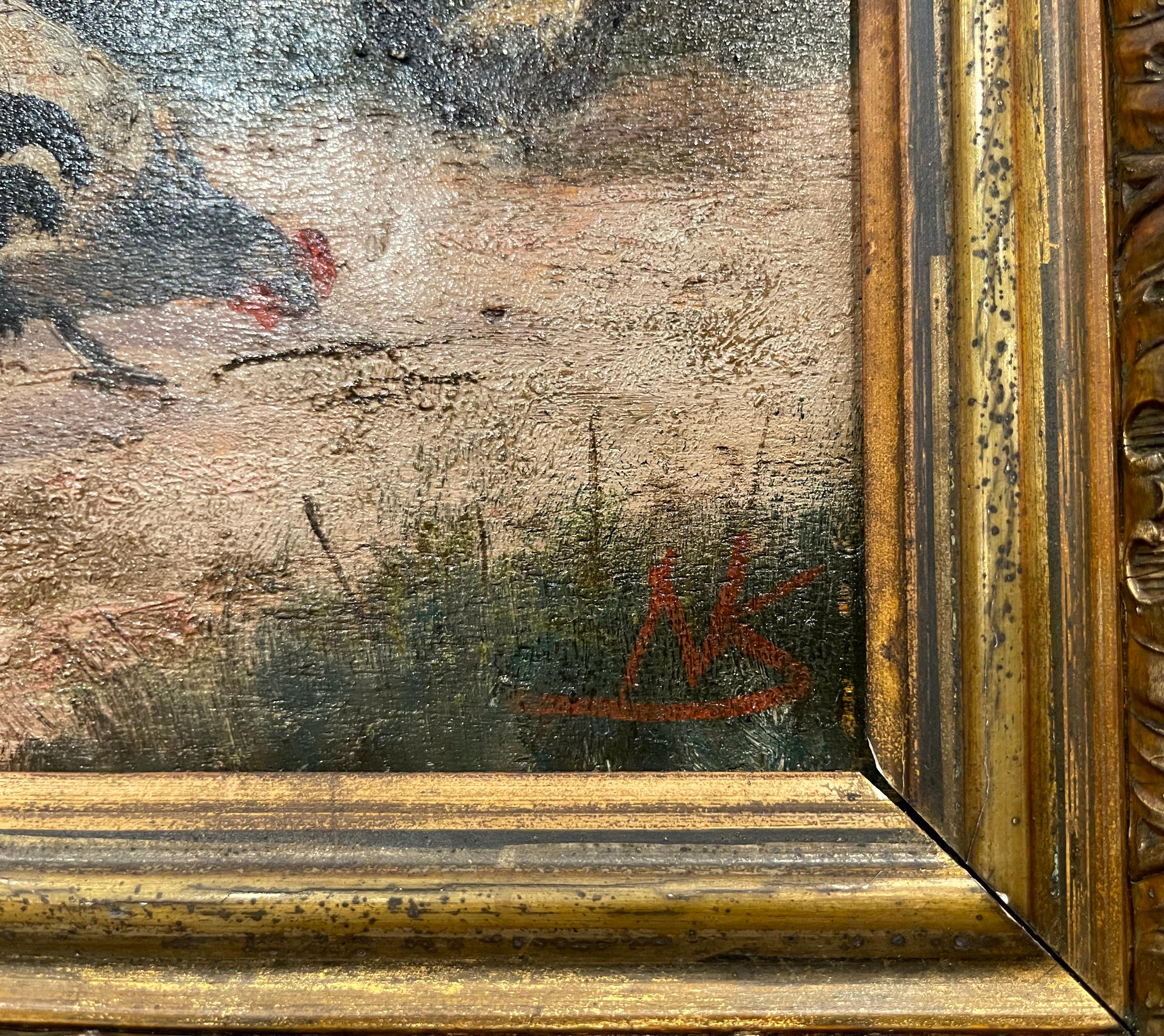 Mid-19th Century French Oil on Board Chicken Painting in Carved Gilt Frame 1