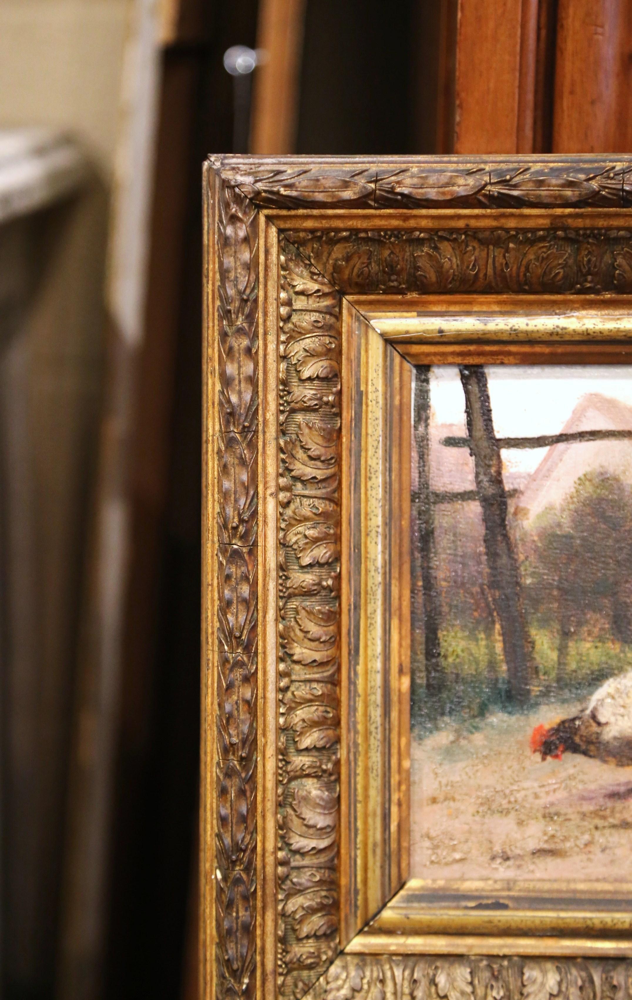 Mid-19th Century French Oil on Board Chicken Painting in Carved Gilt Frame 2