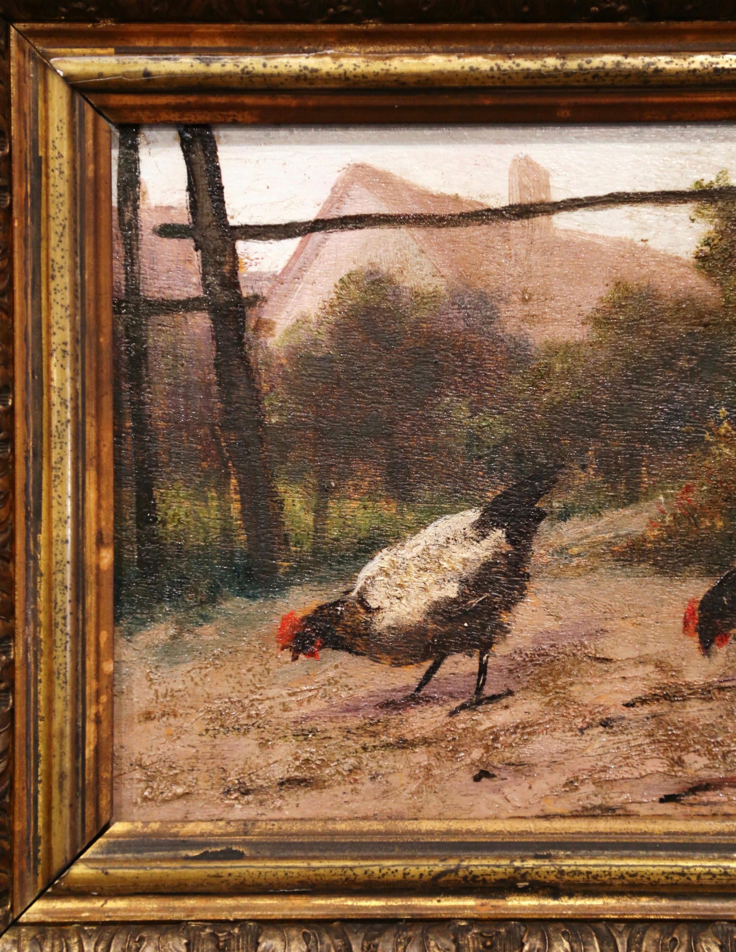 Mid-19th Century French Oil on Board Chicken Painting in Carved Gilt Frame 3