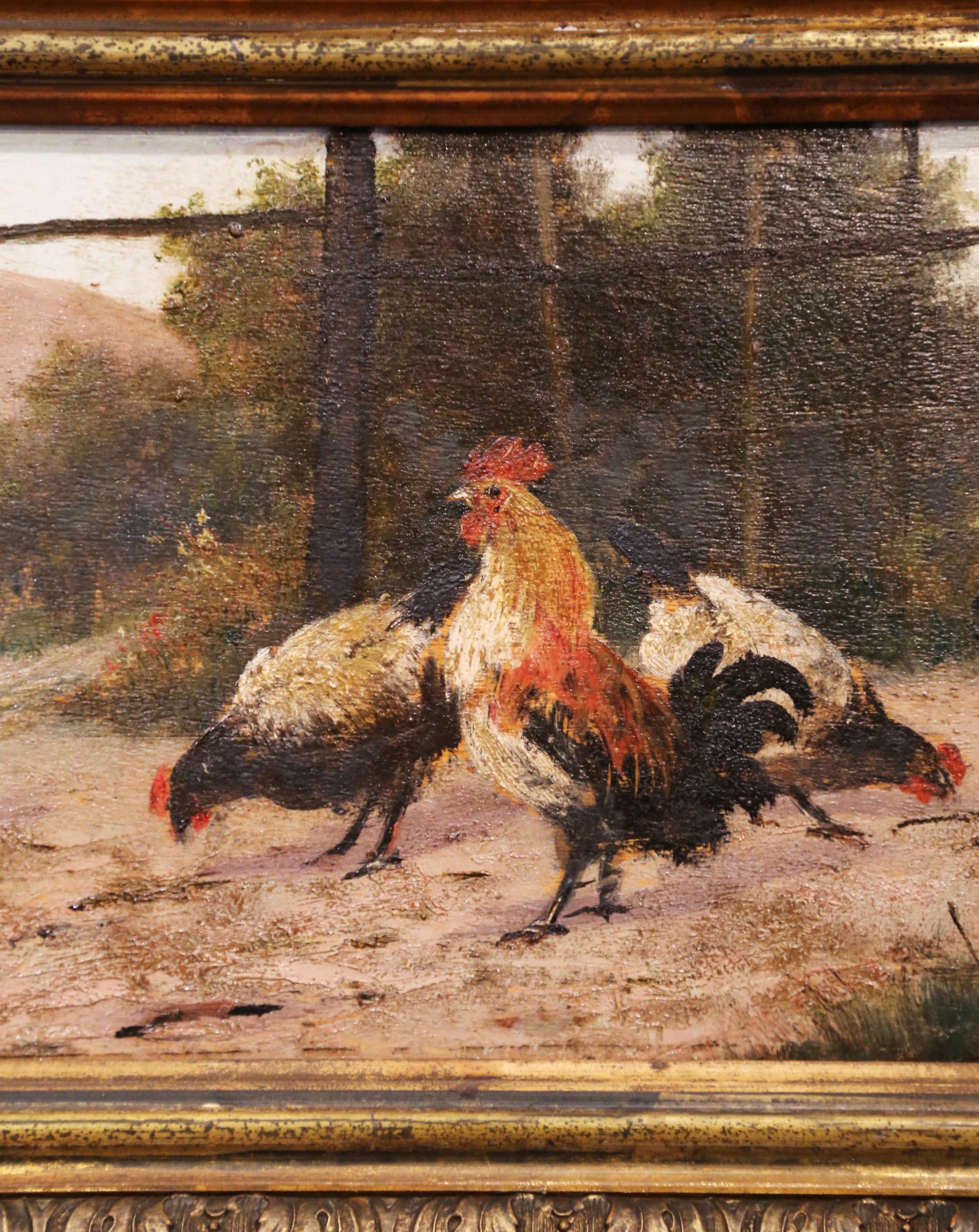 Mid-19th Century French Oil on Board Chicken Painting in Carved Gilt Frame 4