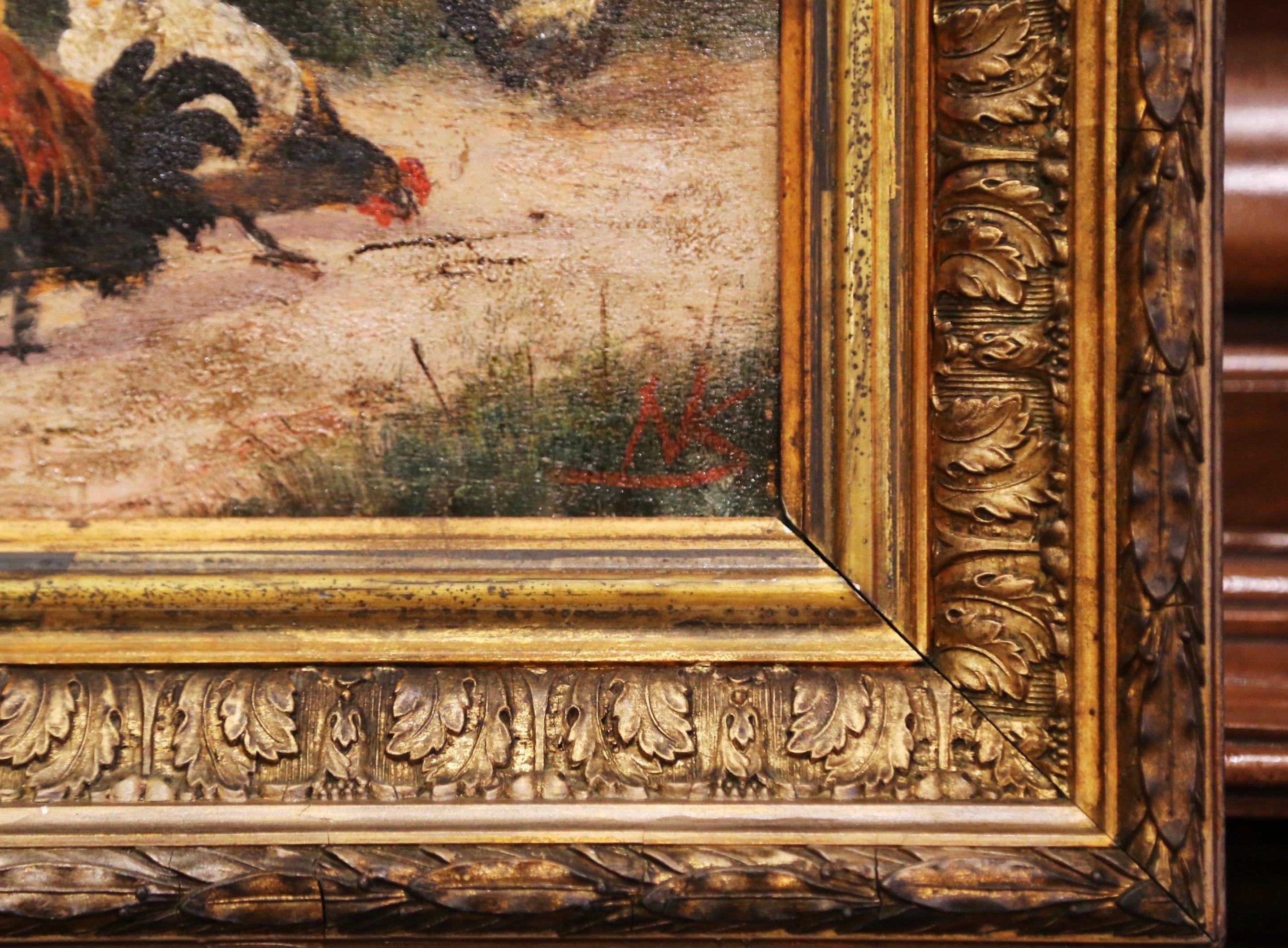 Mid-19th Century French Oil on Board Chicken Painting in Carved Gilt Frame 5