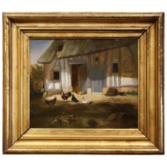 Mid-19th Century French Oil on Board Chicken Painting in Carved Gilt Frame