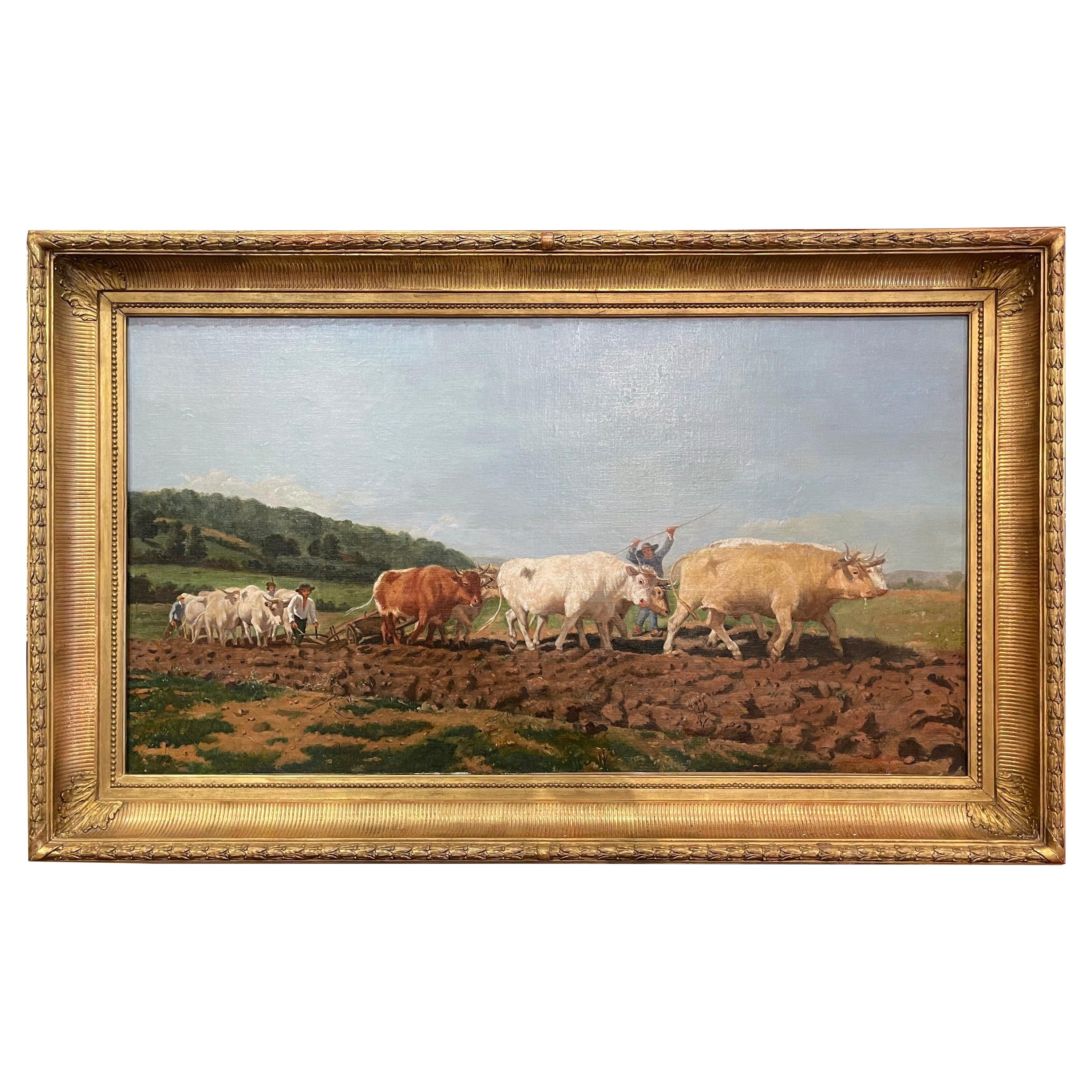Mid-19th Century French Oil on Canvas Cows Painting "Plowing in Nivernais"