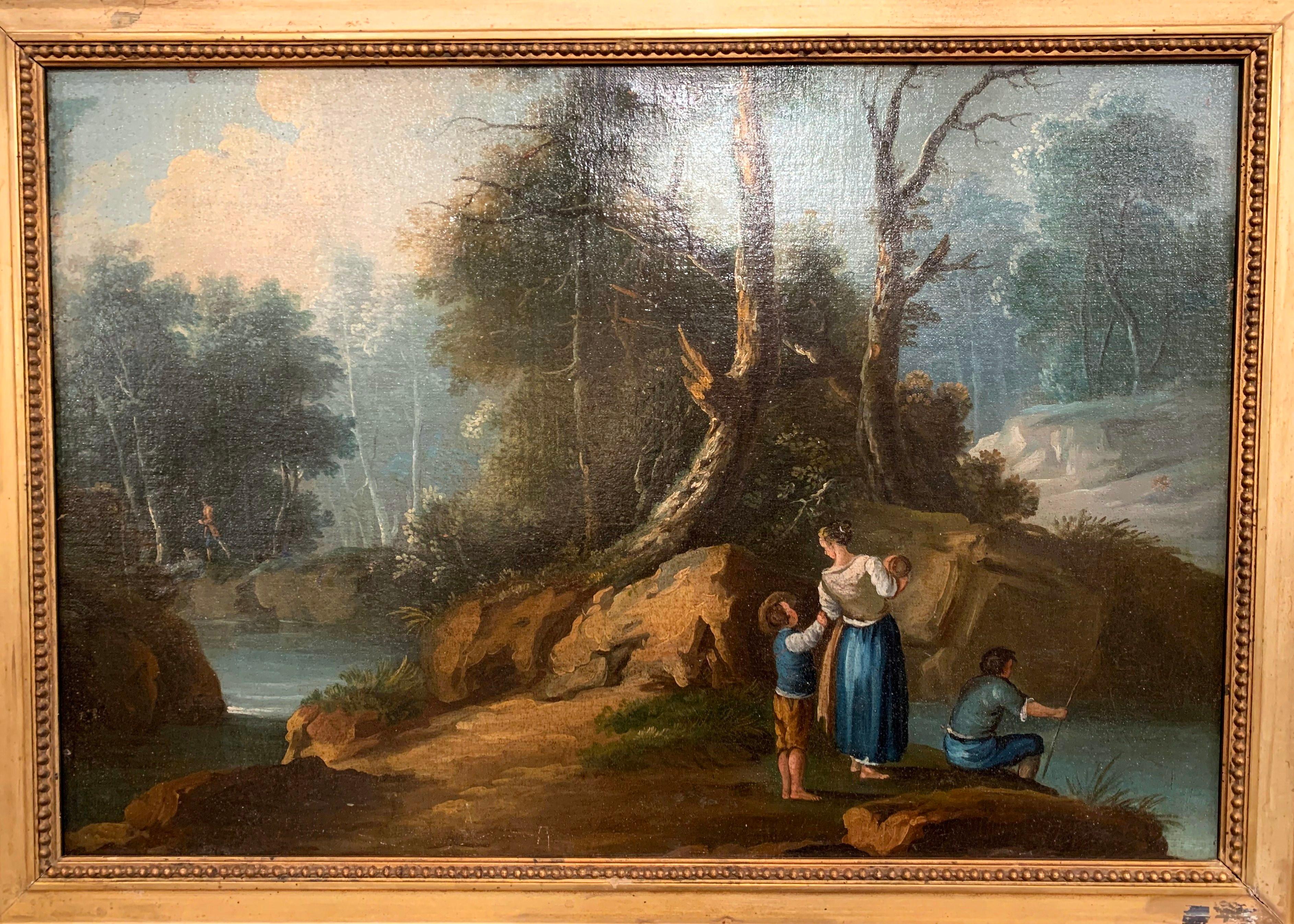 Set in the a carved giltwood frame with decorative beads, the antique Louis XVI painting was created circa 1850; the art work depicts a pastoral scene with ponds and people in a woody surrounding. A man is fishing while a woman is attending a young