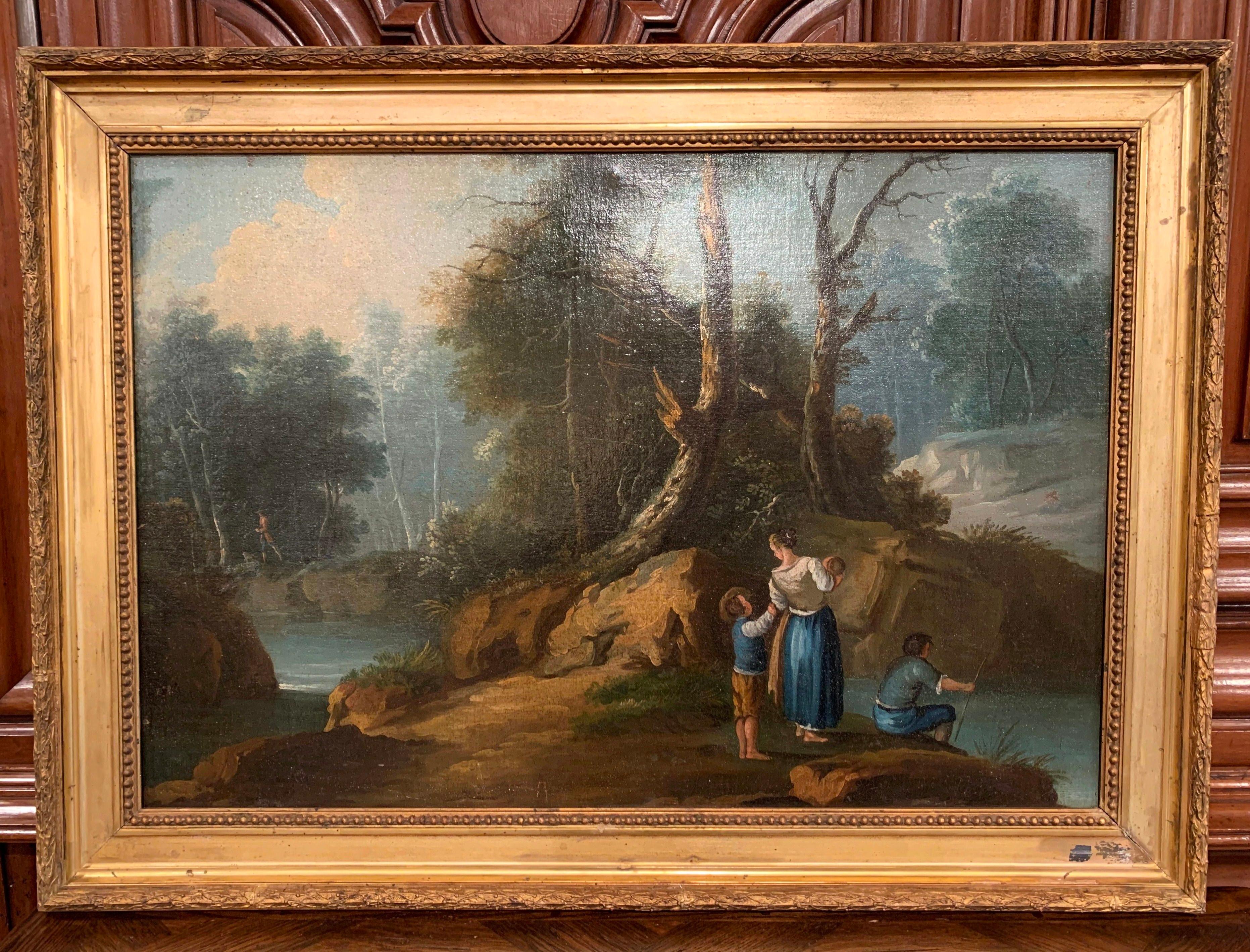 Hand-Carved Mid-19th Century French Oil on Canvas Pastoral Painting in Carved Gilt Frame