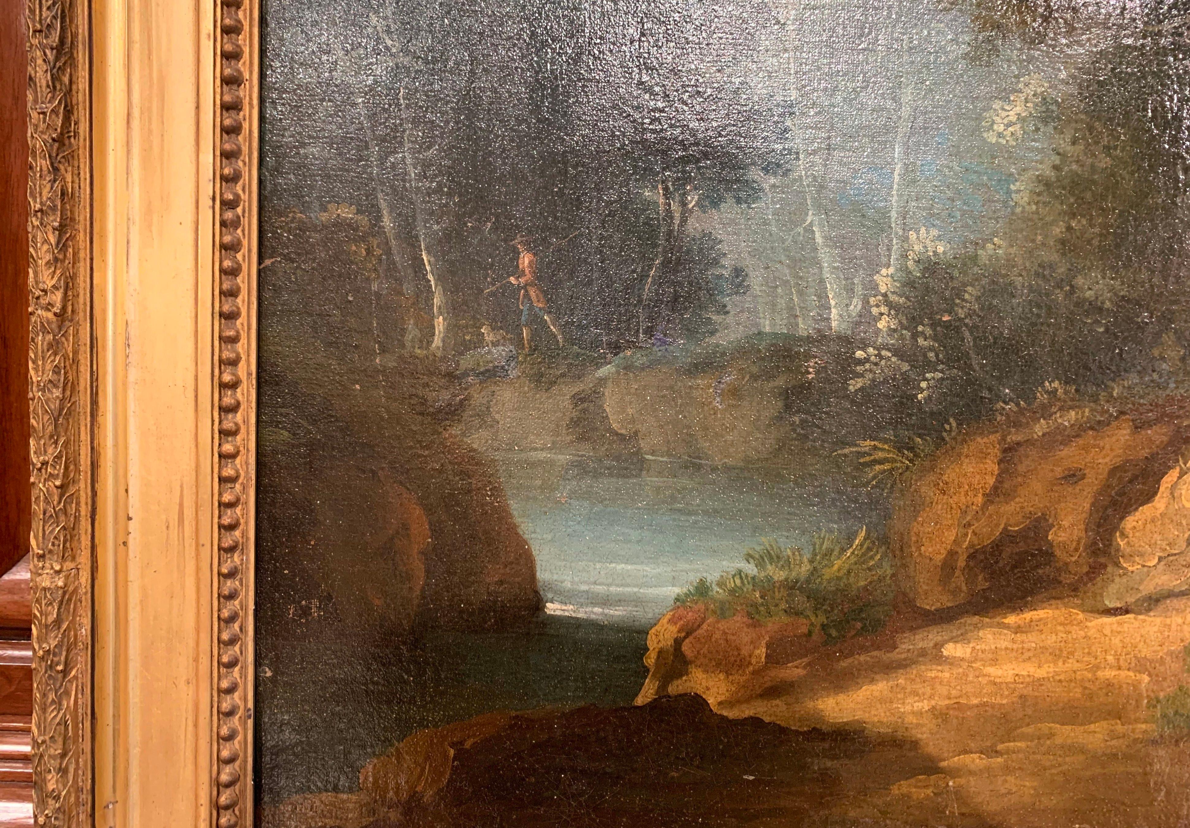Mid-19th Century French Oil on Canvas Pastoral Painting in Carved Gilt Frame In Excellent Condition In Dallas, TX