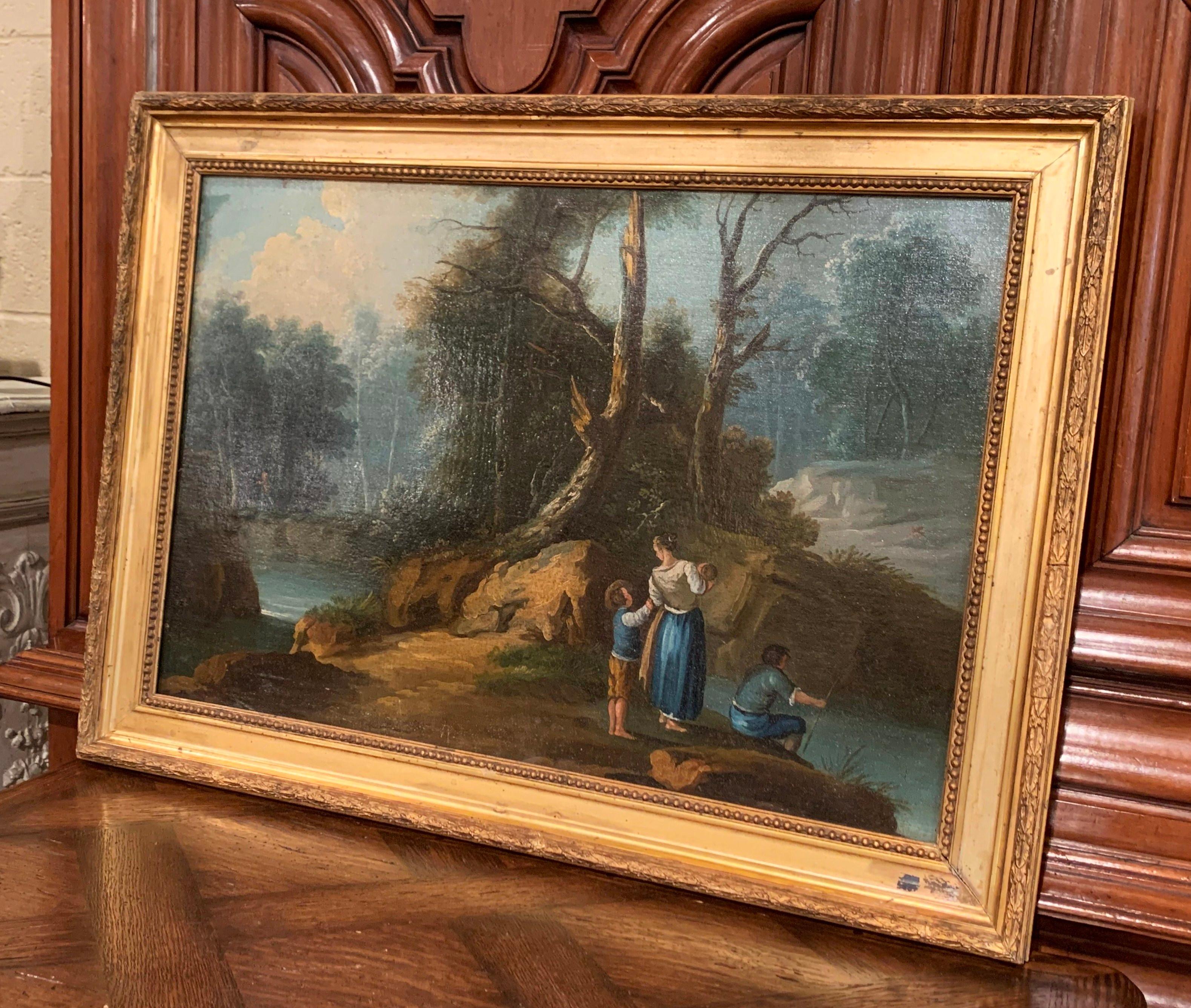 Mid-19th Century French Oil on Canvas Pastoral Painting in Carved Gilt Frame 1