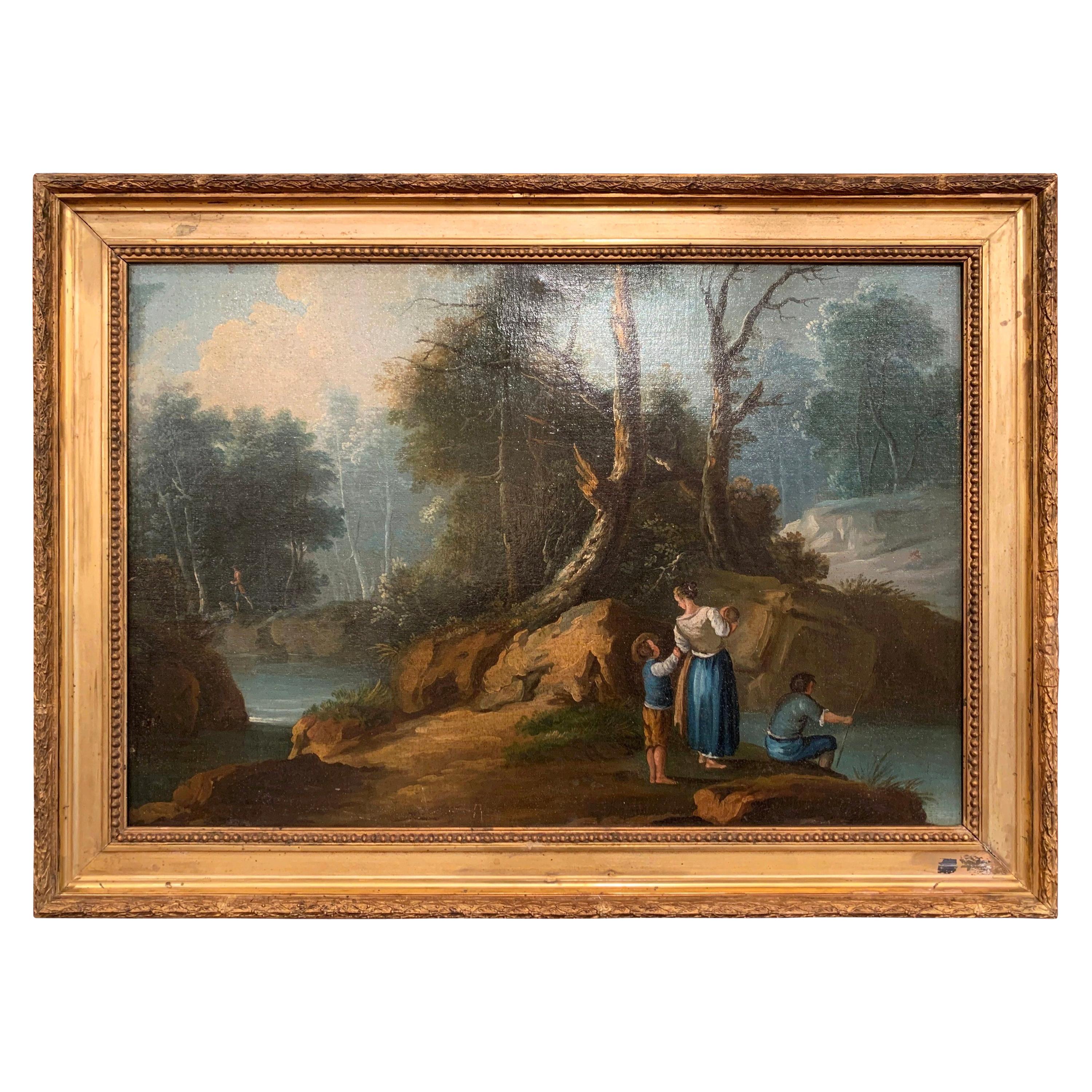 Mid-19th Century French Oil on Canvas Pastoral Painting in Carved Gilt Frame