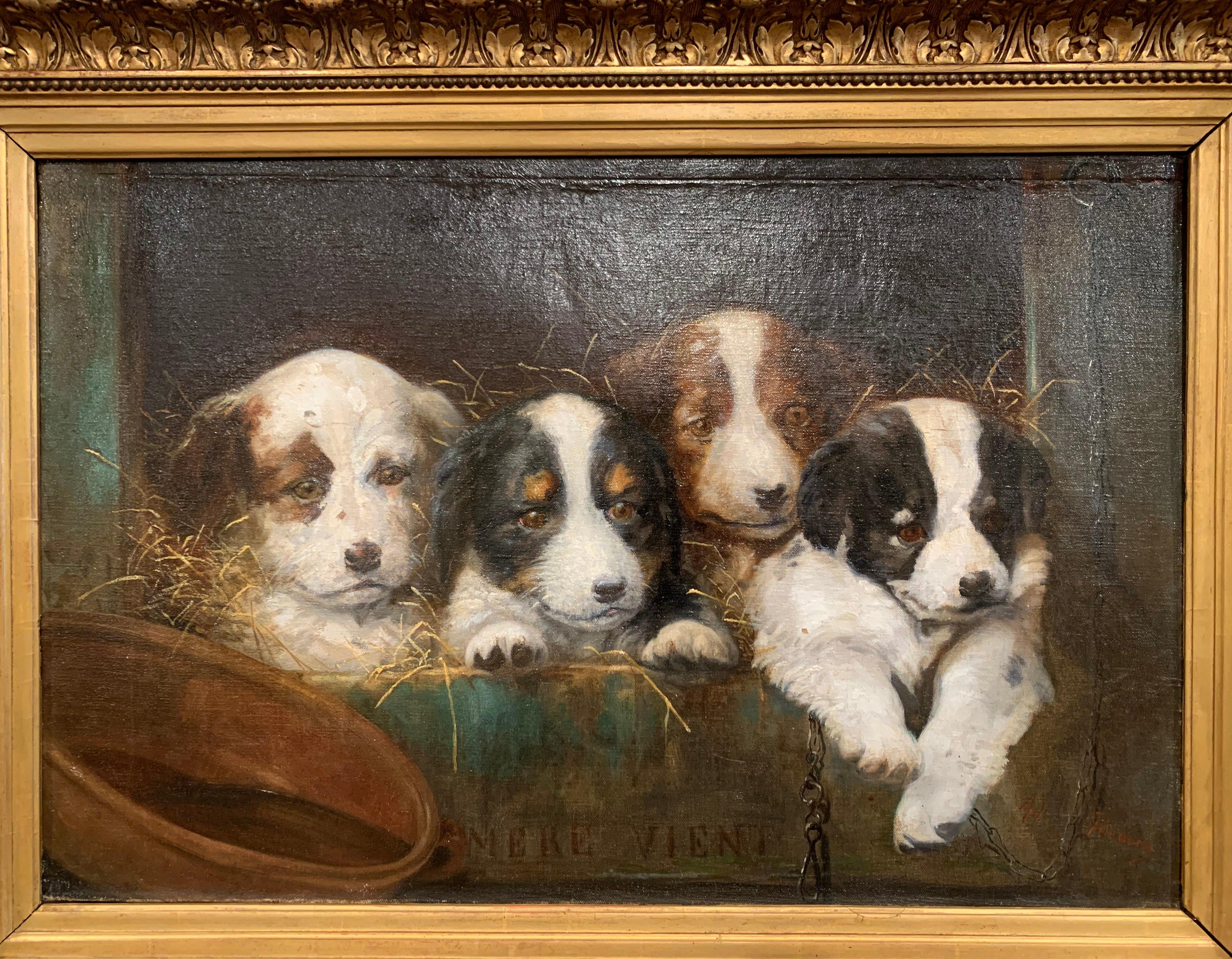 This antique oil on canvas painting was created in France circa 1850, set in the original carved gilt wood frame and titled 