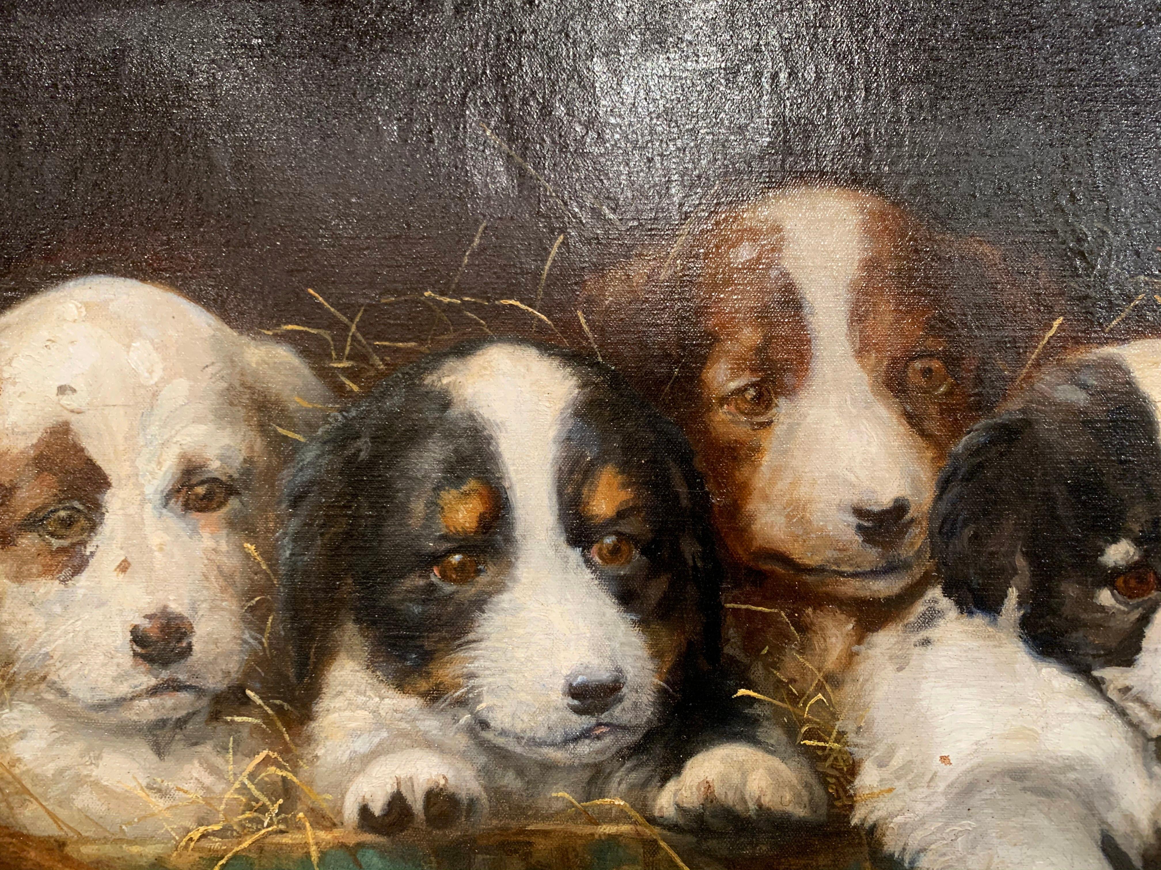 Mid-19th Century French Oil on Canvas Puppies Painting in Carved Gilt Frame In Excellent Condition In Dallas, TX