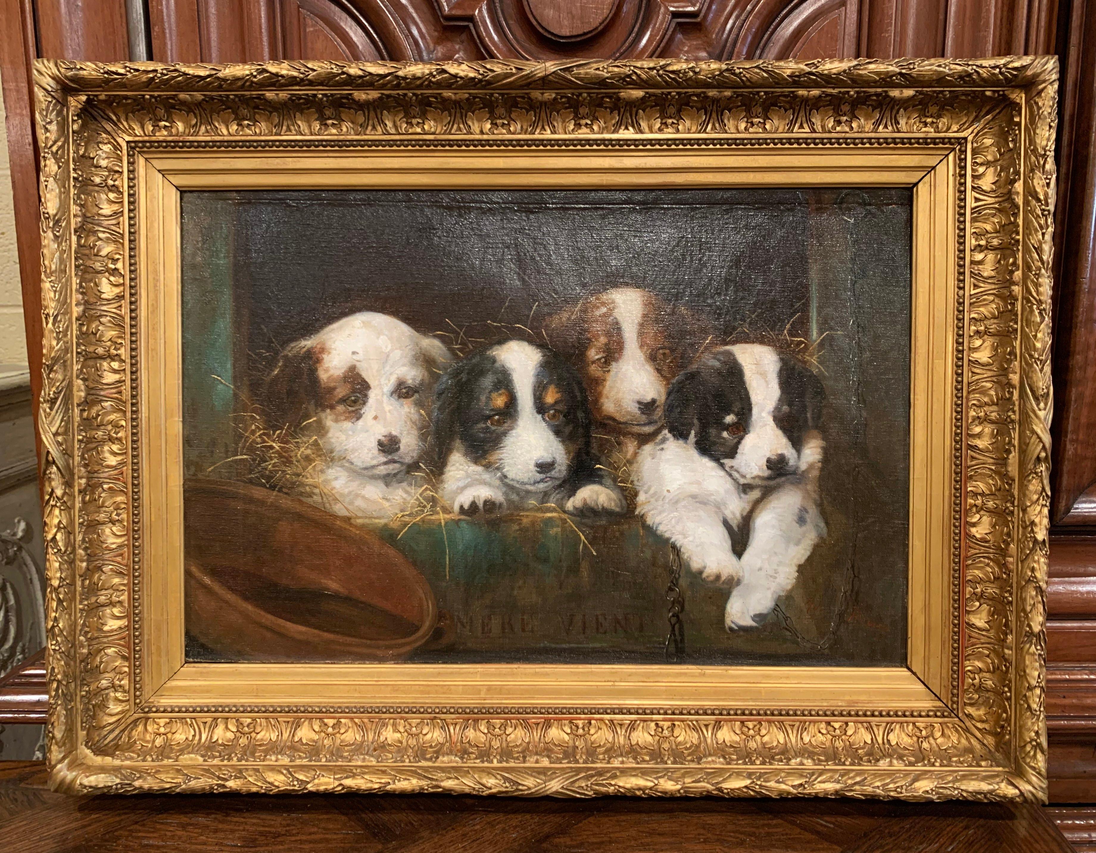 Giltwood Mid-19th Century French Oil on Canvas Puppies Painting in Carved Gilt Frame