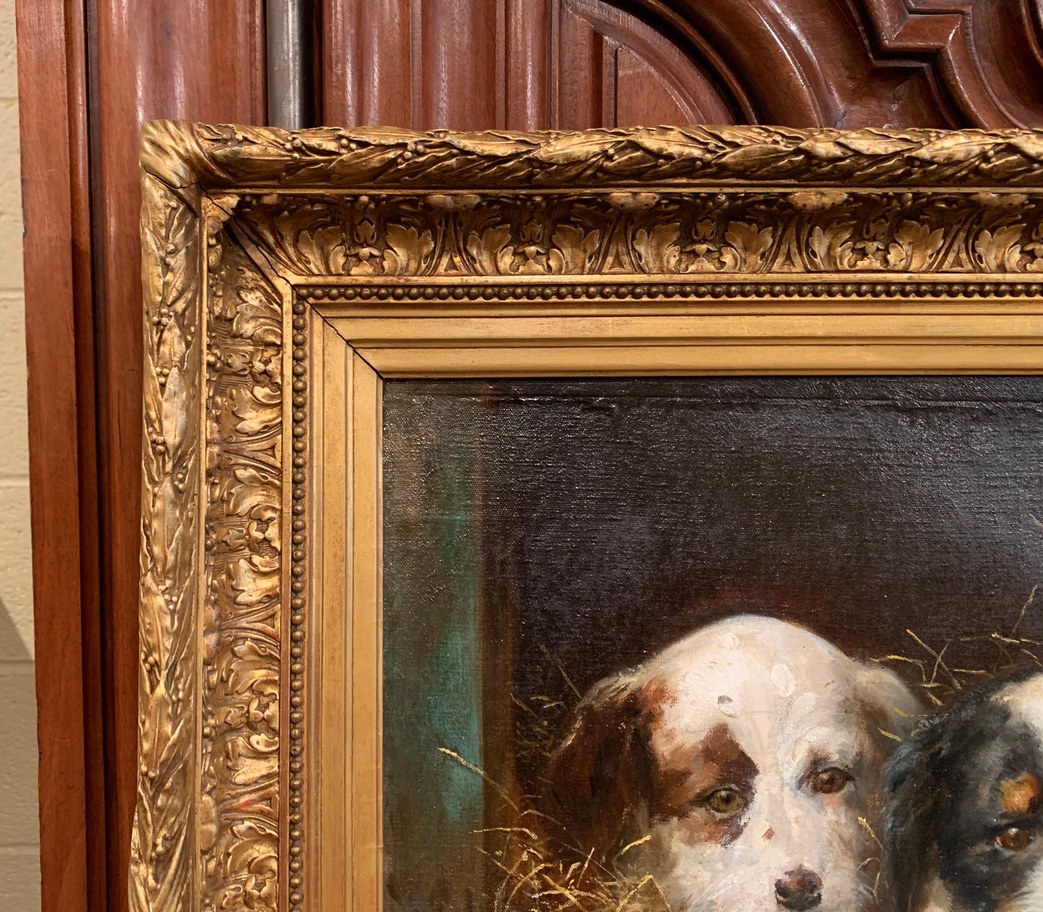 Mid-19th Century French Oil on Canvas Puppies Painting in Carved Gilt Frame 2