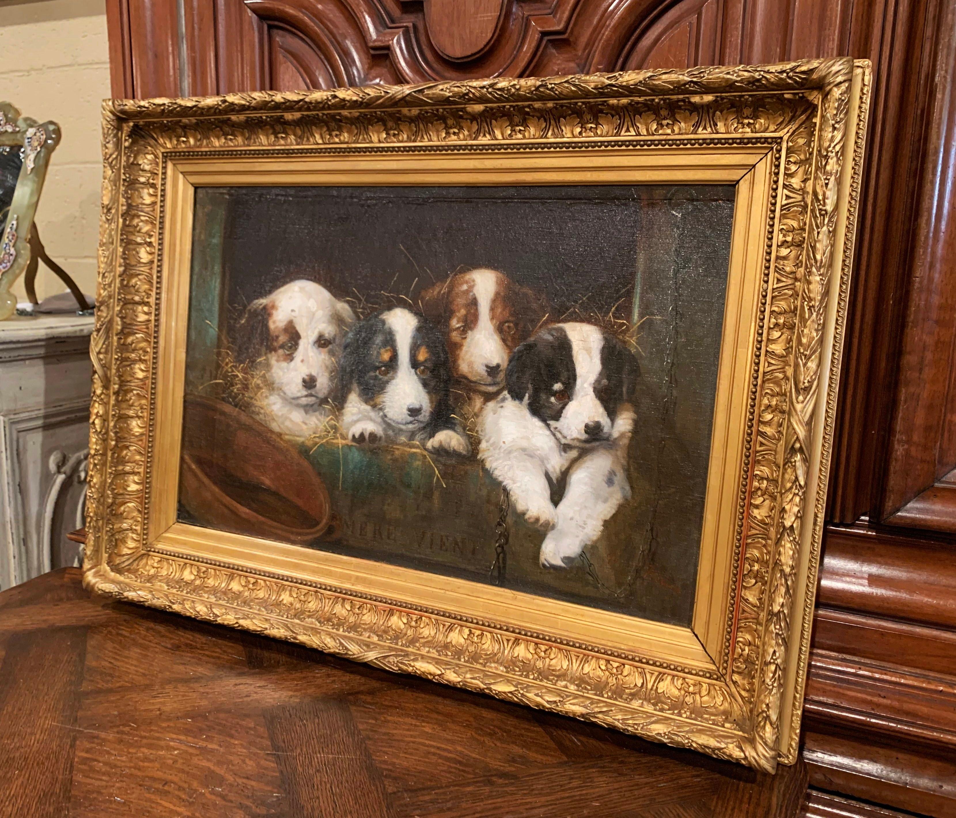 Mid-19th Century French Oil on Canvas Puppies Painting in Carved Gilt Frame 3