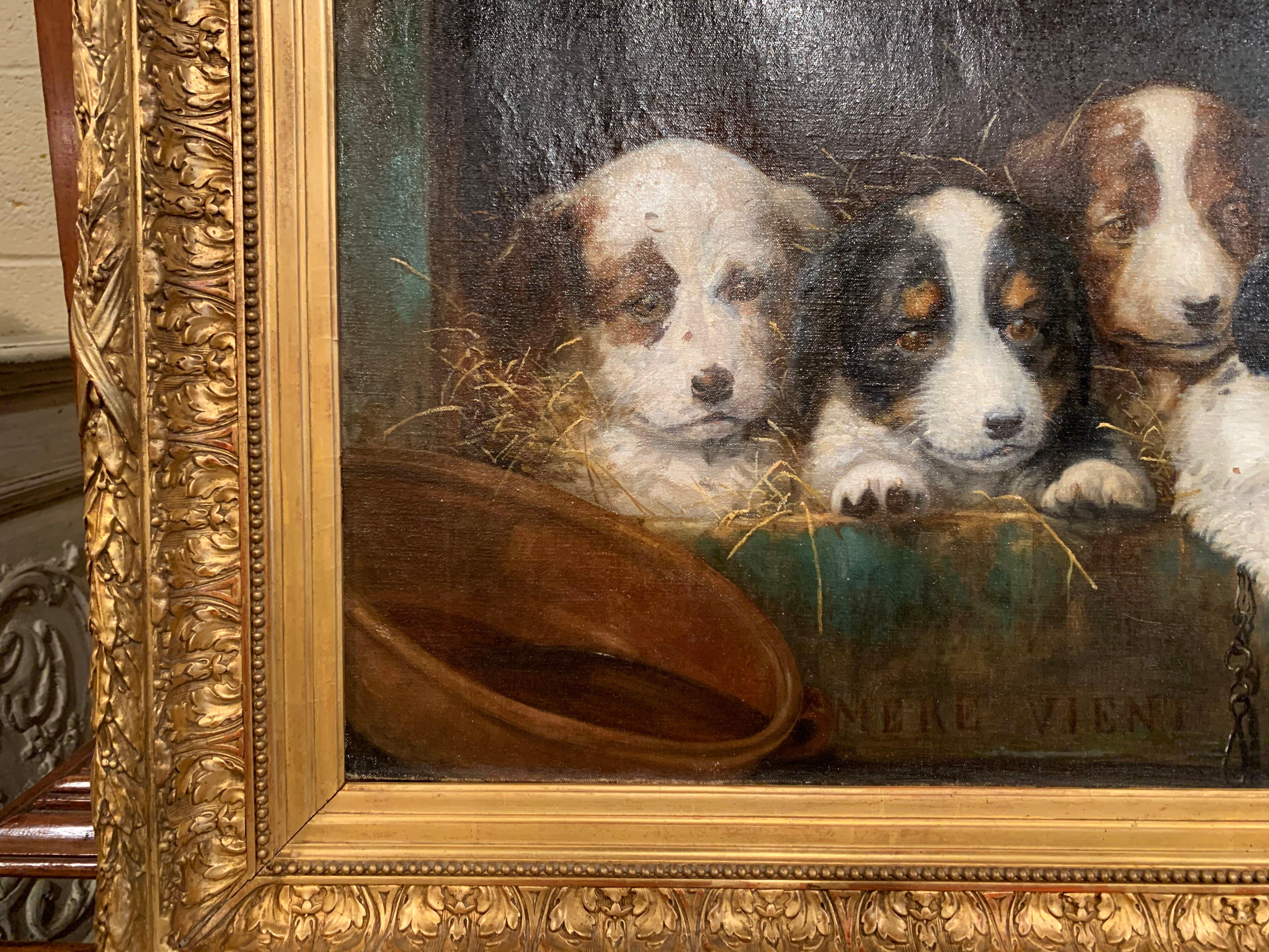 Mid-19th Century French Oil on Canvas Puppies Painting in Carved Gilt Frame 3