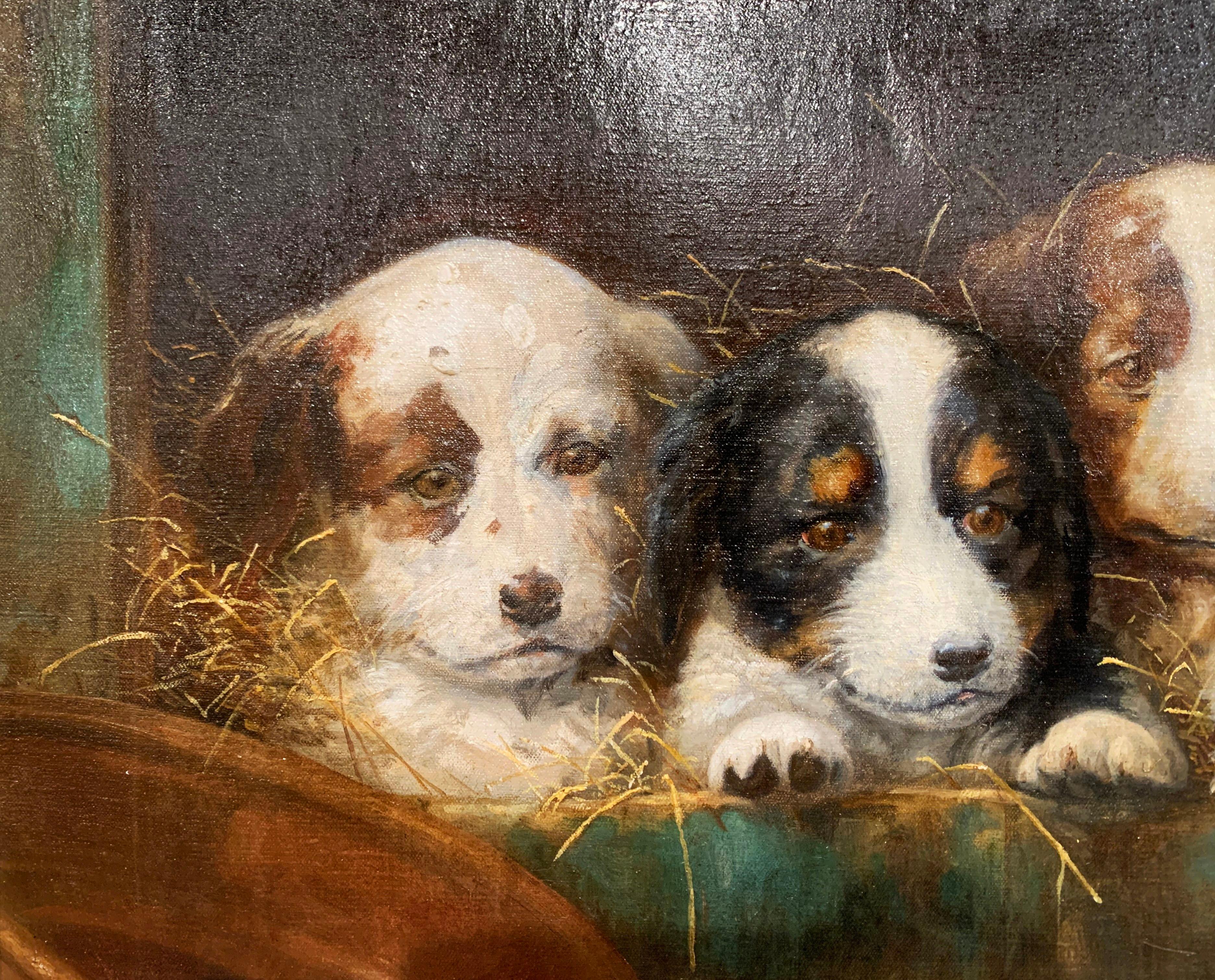 Mid-19th Century French Oil on Canvas Puppies Painting in Carved Gilt Frame 5