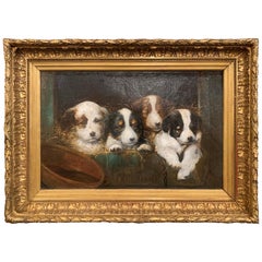 Mid-19th Century French Oil on Canvas Puppies Painting in Carved Gilt Frame