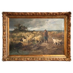 Mid-19th Century French Oil on Canvas Sheep Painting in Carved Gilt Frame Signed