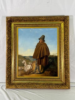 Mid 19th Century French Oil Painting of a Shepherd on Landscape