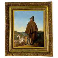 Mid 19th Century French Oil Painting of a Shepherd on Landscape