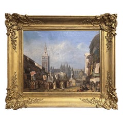 Mid-19th Century French Oil Painting of Seville Procession by Baron Prost