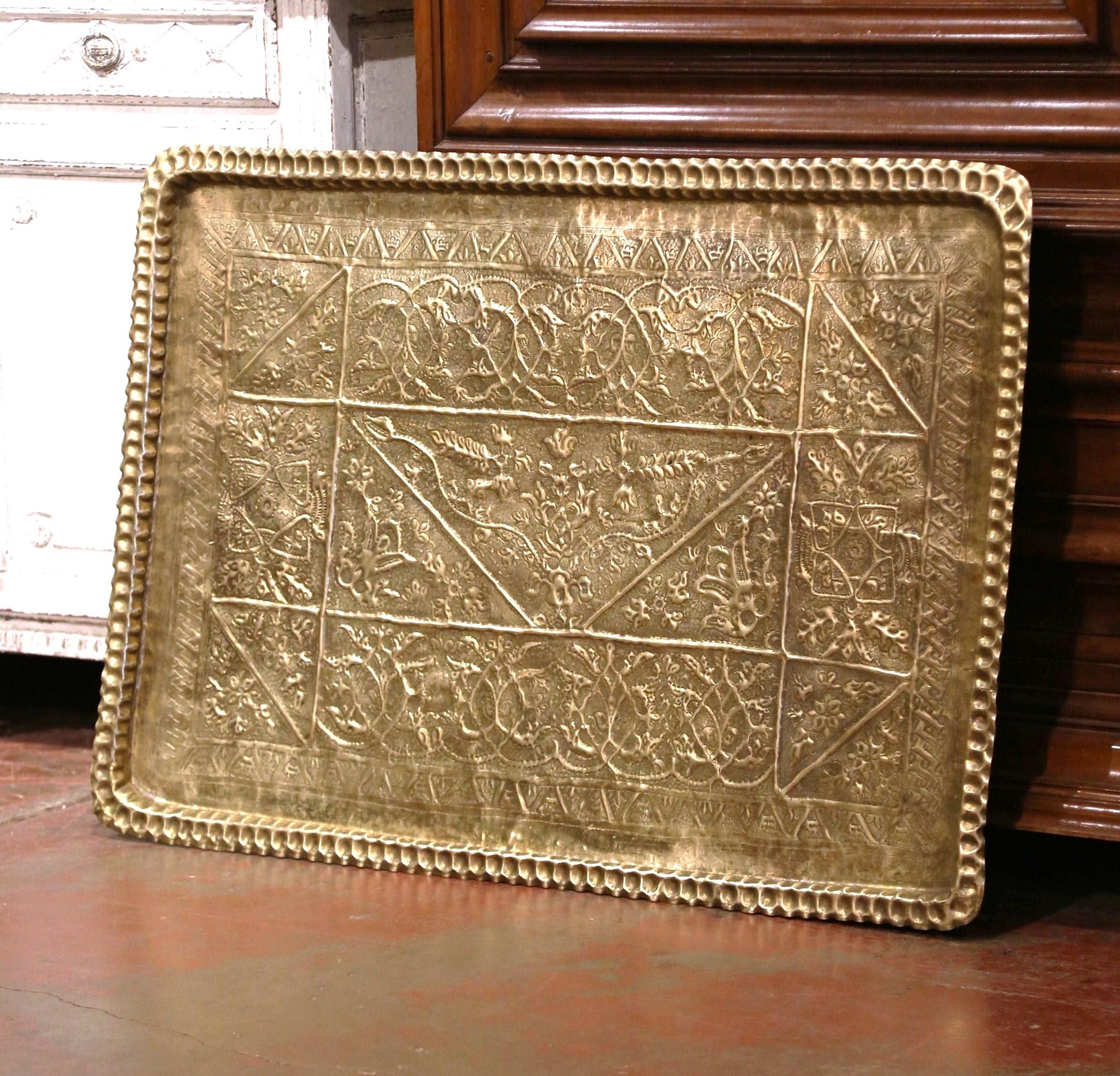 Repoussé Mid-19th Century French Ornate Brass Tray with Floral Repousse Motifs