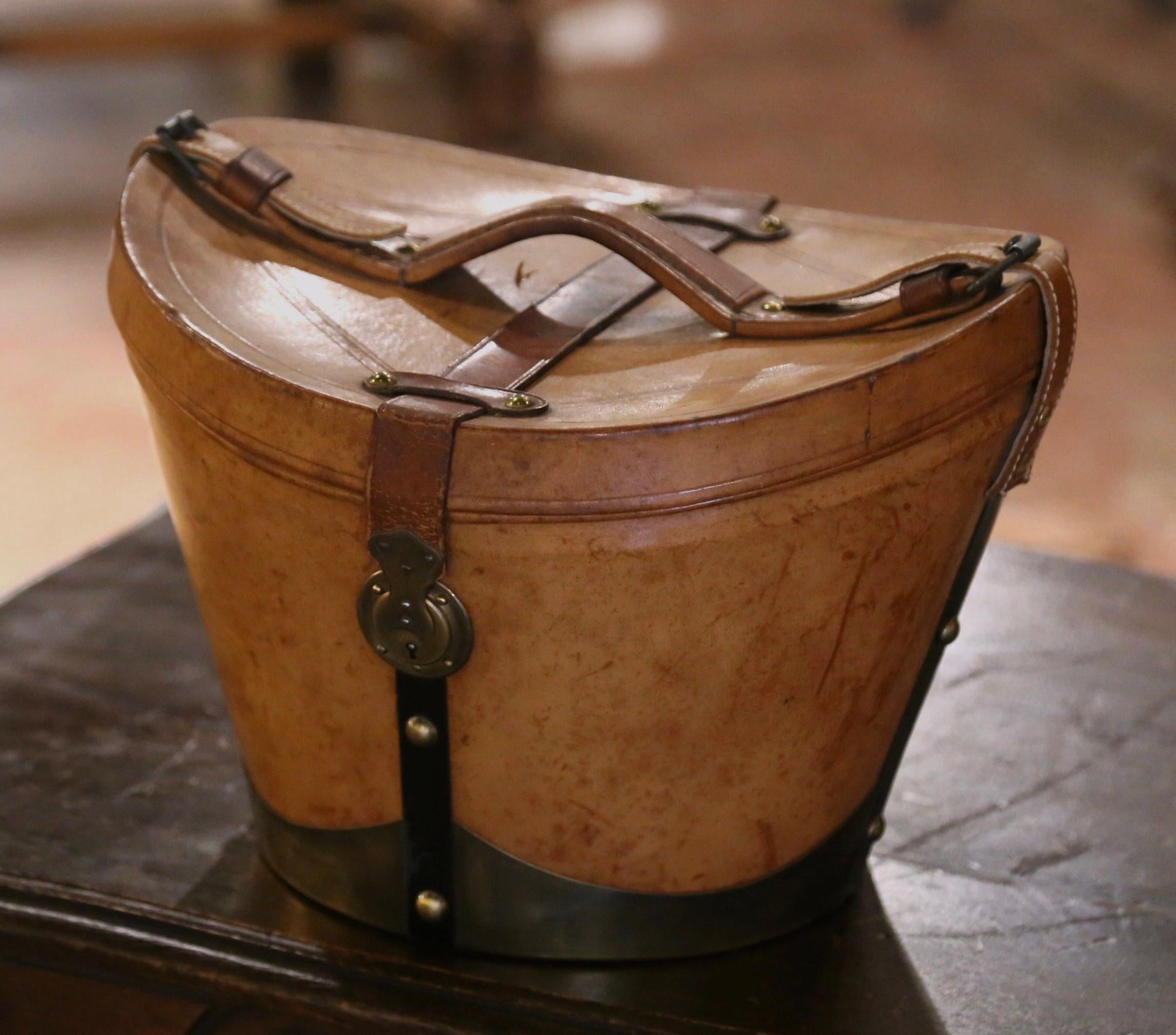 Brass Mid-19th Century French Oval Pigskin Leather Hat Box with Original Top Hat For Sale