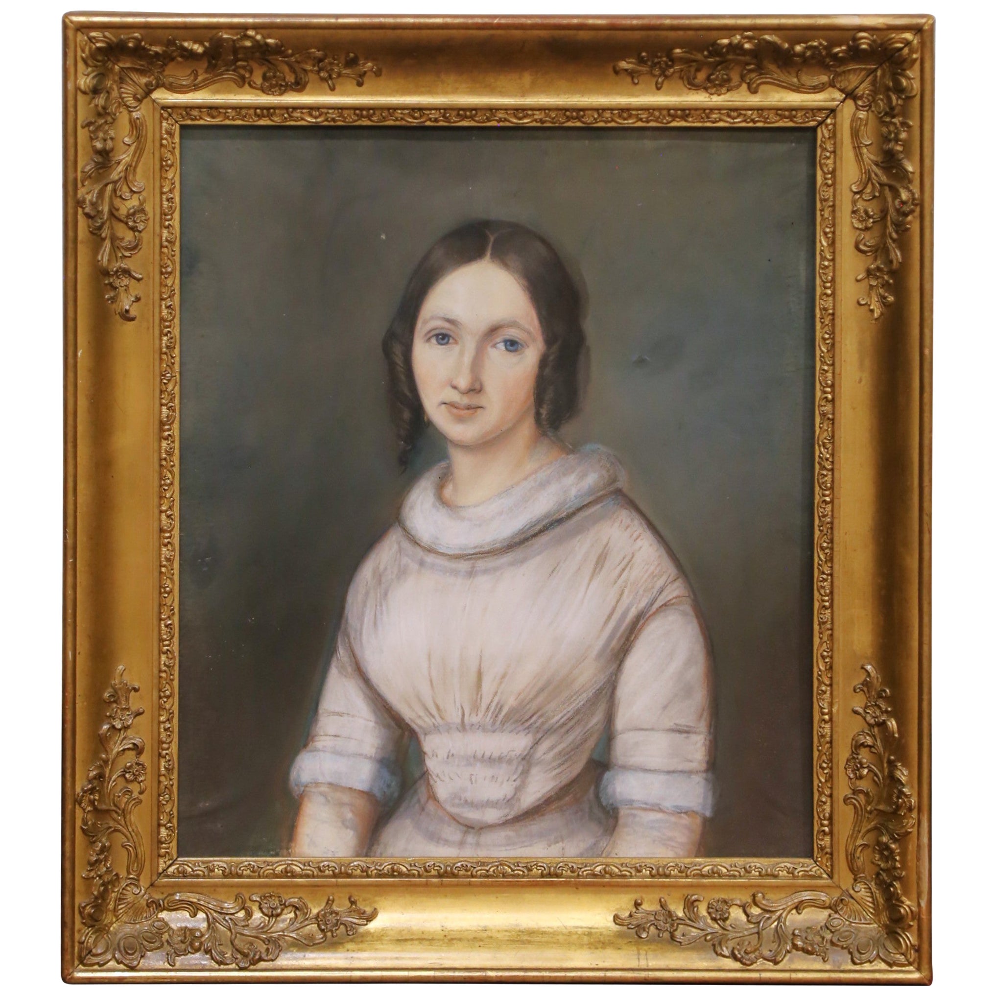 Mid-19th Century French Pastel Portrait of Young Woman in Giltwood Frame