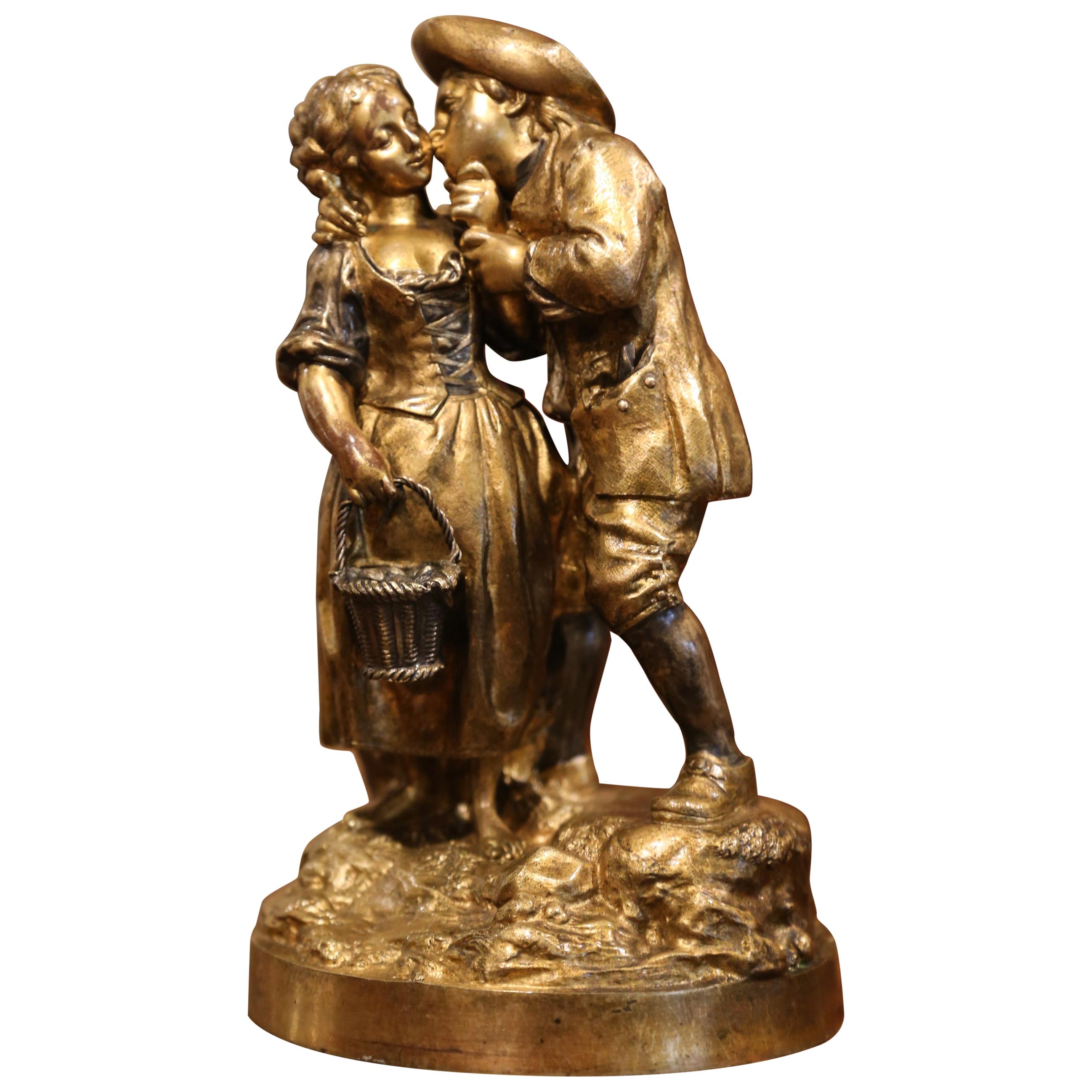 Mid-19th Century French Patinated Bronze Sculpture Composition "The Kiss" For Sale