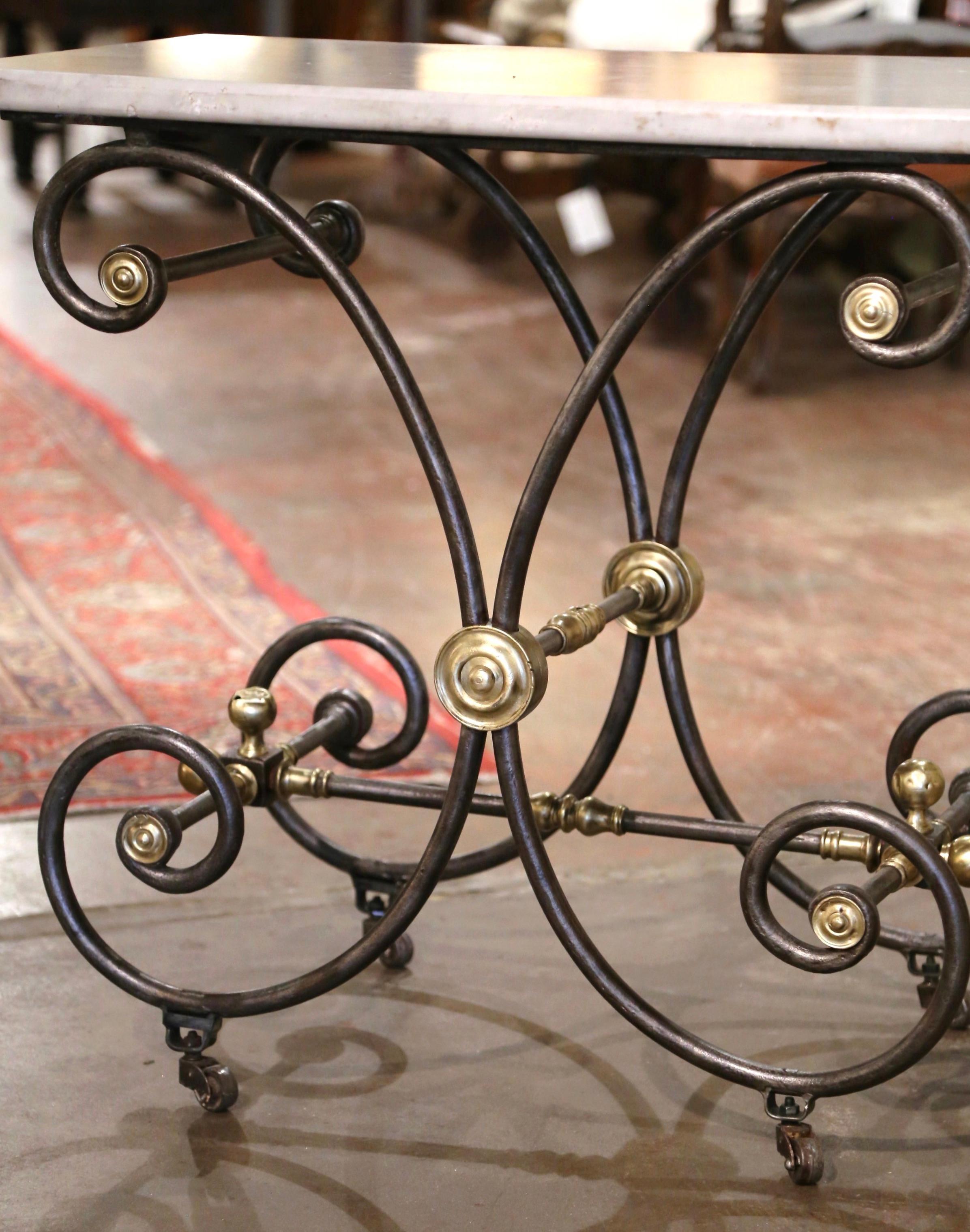 Wrought Iron Mid-19th Century French Polished Iron and Bronze Marble Top Pastry Table 