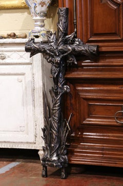 Mid-19th Century French Polished Iron Garden Crucifix Cross with Floral Motifs