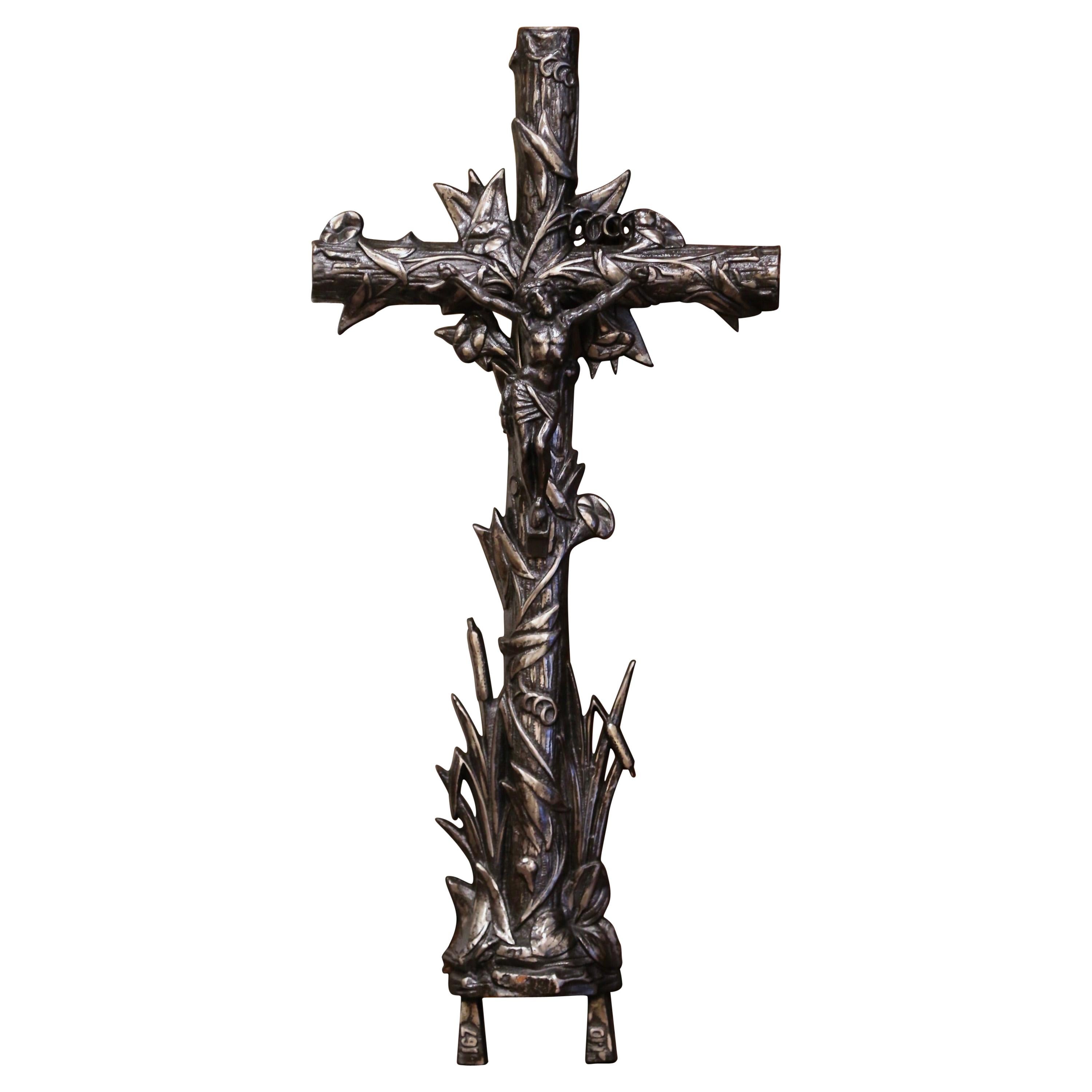 Mid-19th Century French Polished Iron Garden Crucifix Cross with Floral Motifs