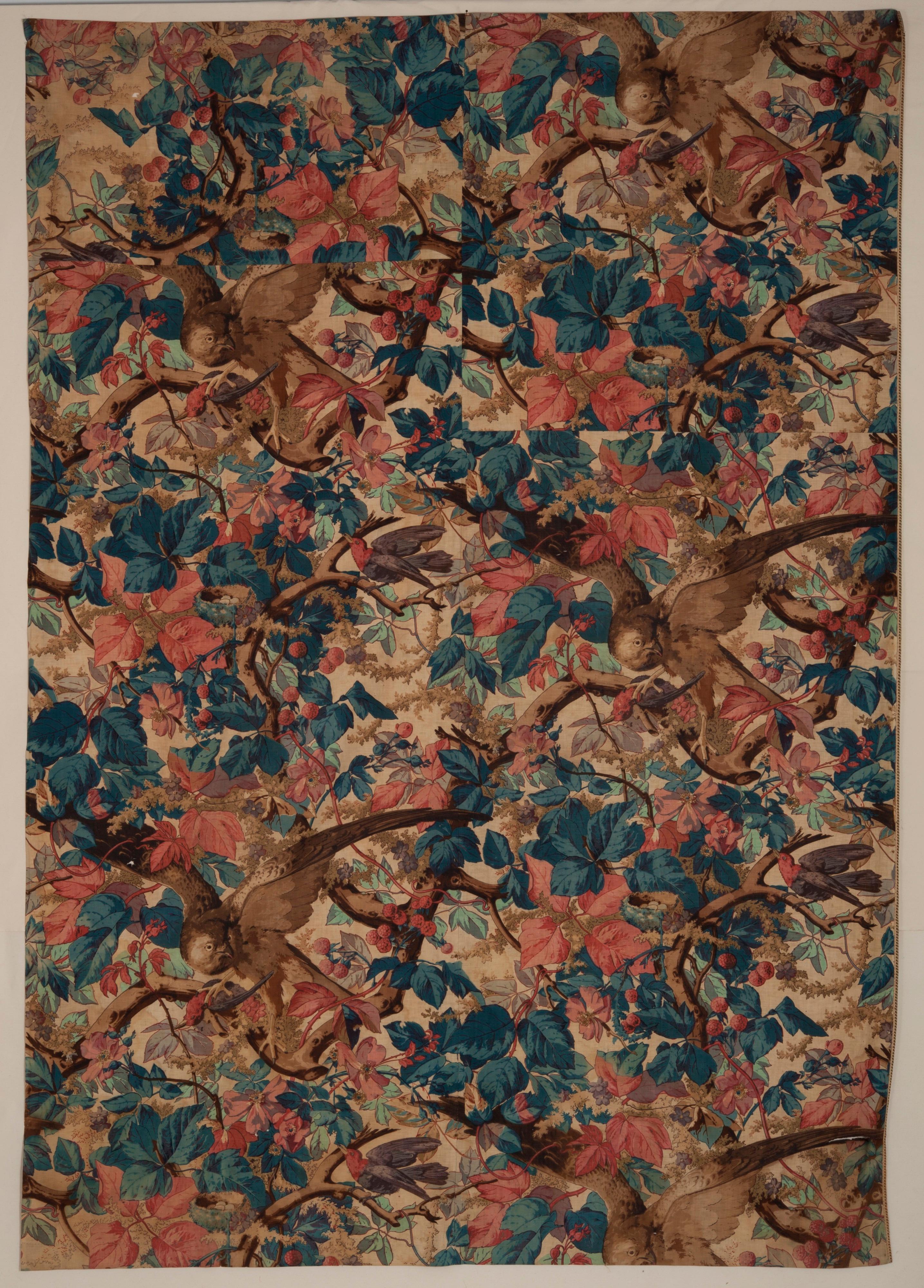 Other Mid-19th Century French Printed Hawk and Flora Cotton Textile For Sale