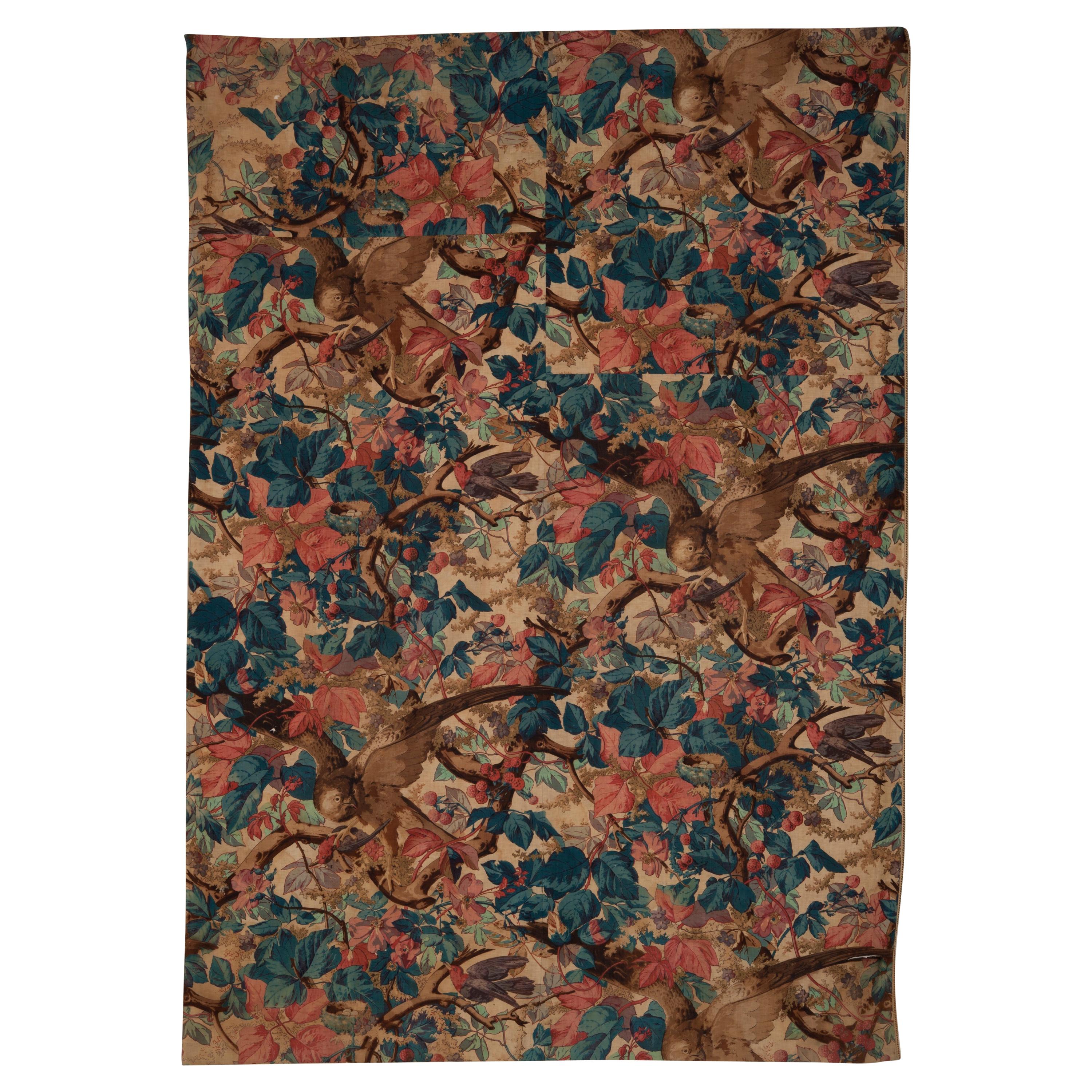 Mid-19th Century French Printed Hawk and Flora Cotton Textile For Sale