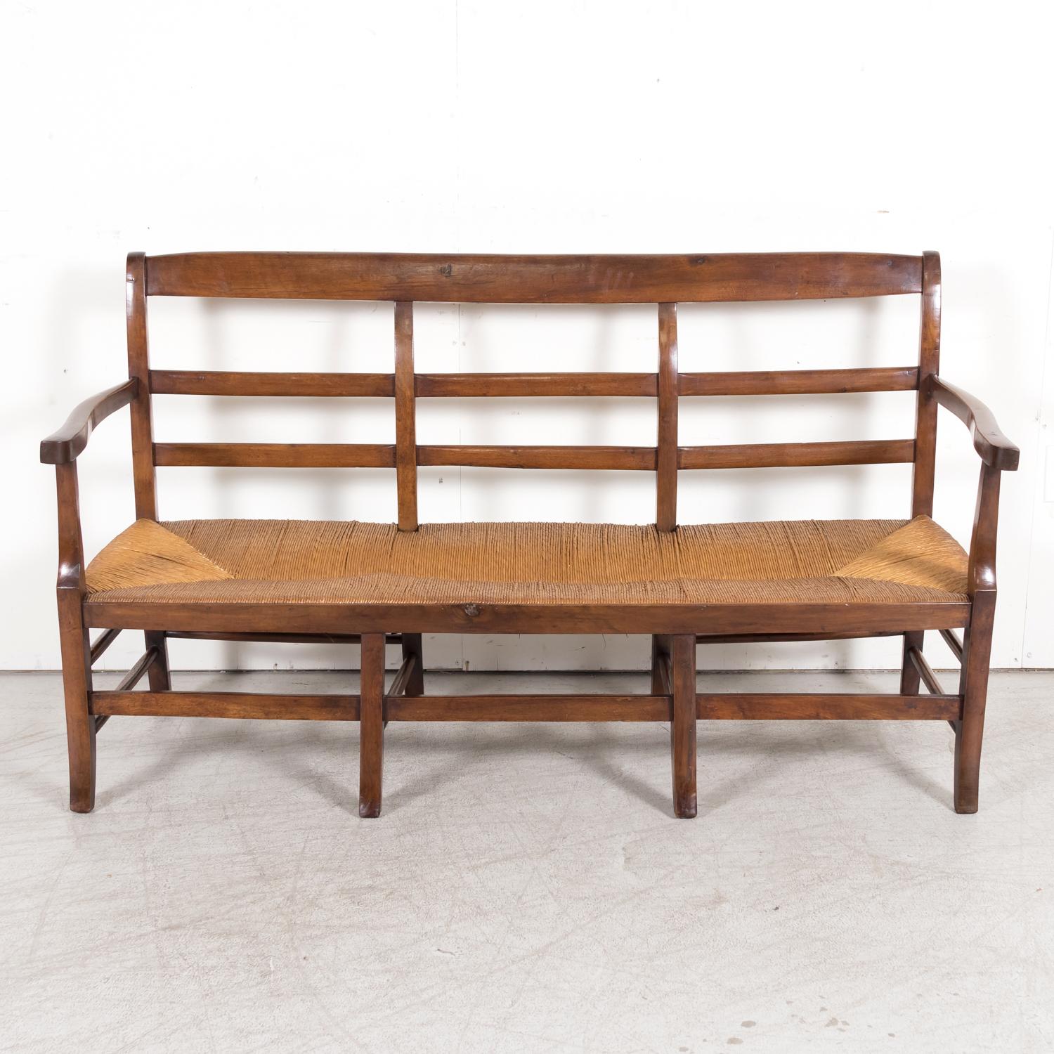 Mid-19th Century French Radassier or Ladder Back Rush Seat Bench In Good Condition In Birmingham, AL