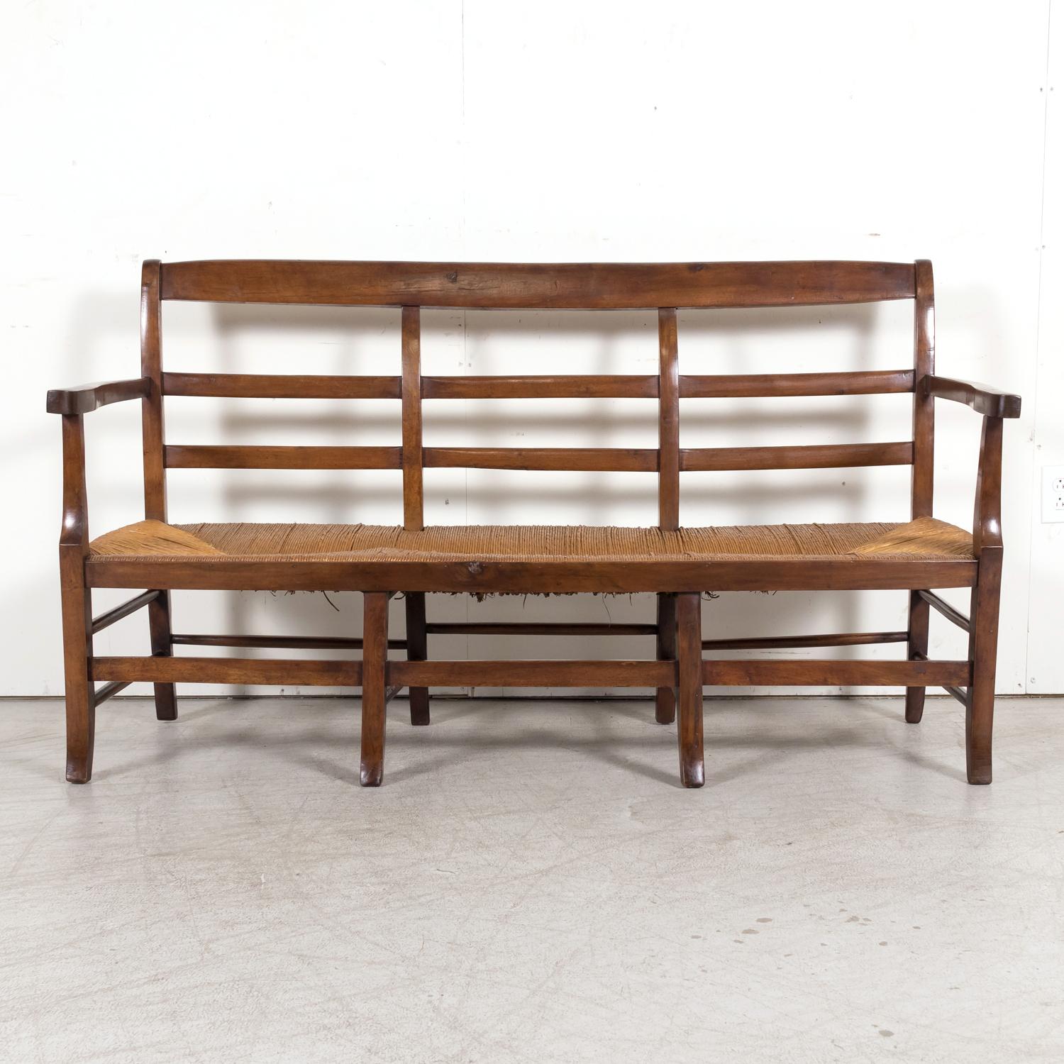 Mid-19th Century French Radassier or Ladder Back Rush Seat Bench 1