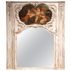 Antique Mid-19th Century French Regence Carved and Painted Wall Trumeau Mirror