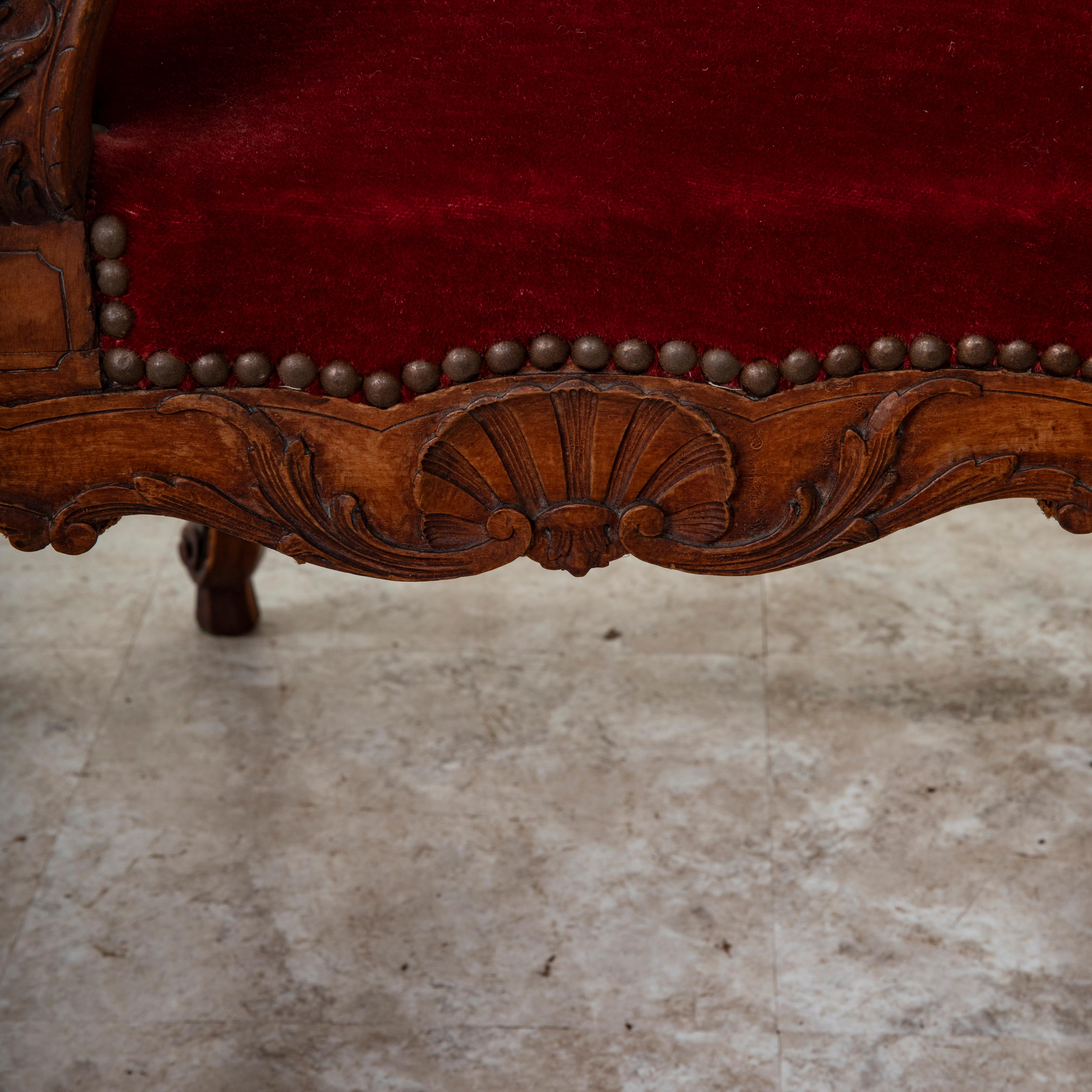 Mid 19th Century French Regency Style Hand Carved Beechwood Armchairs, Velvet For Sale 7